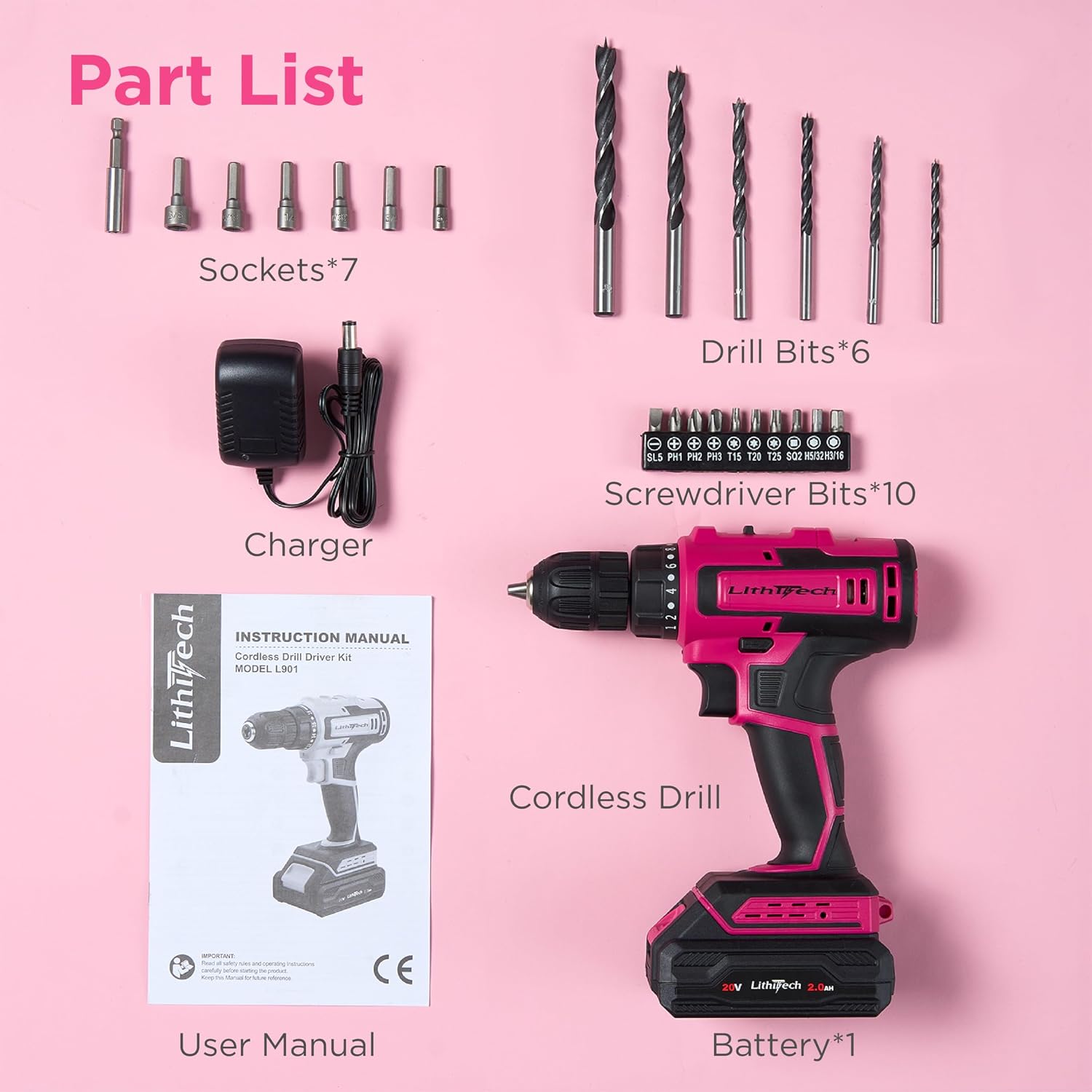 20V Pink Cordless Drill Set for Women - with 2.0Ah Battery & Charger, 3/8" Keyless Chuck,Lightweight Electric Power Drill Tool,2-Speed + 354 In-Lb Torque(Pink)