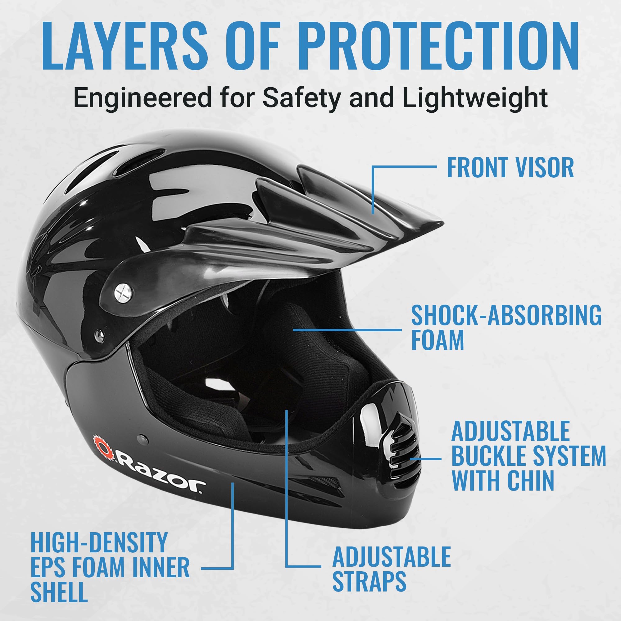 Razor Full Face Youth Helmet - Front Visor Youth Bicycle Helmet with a Lightweight Plastic Outer Shell - Adjustable Straps, Padded Interior, and 17 Vents for Breathable Comfort