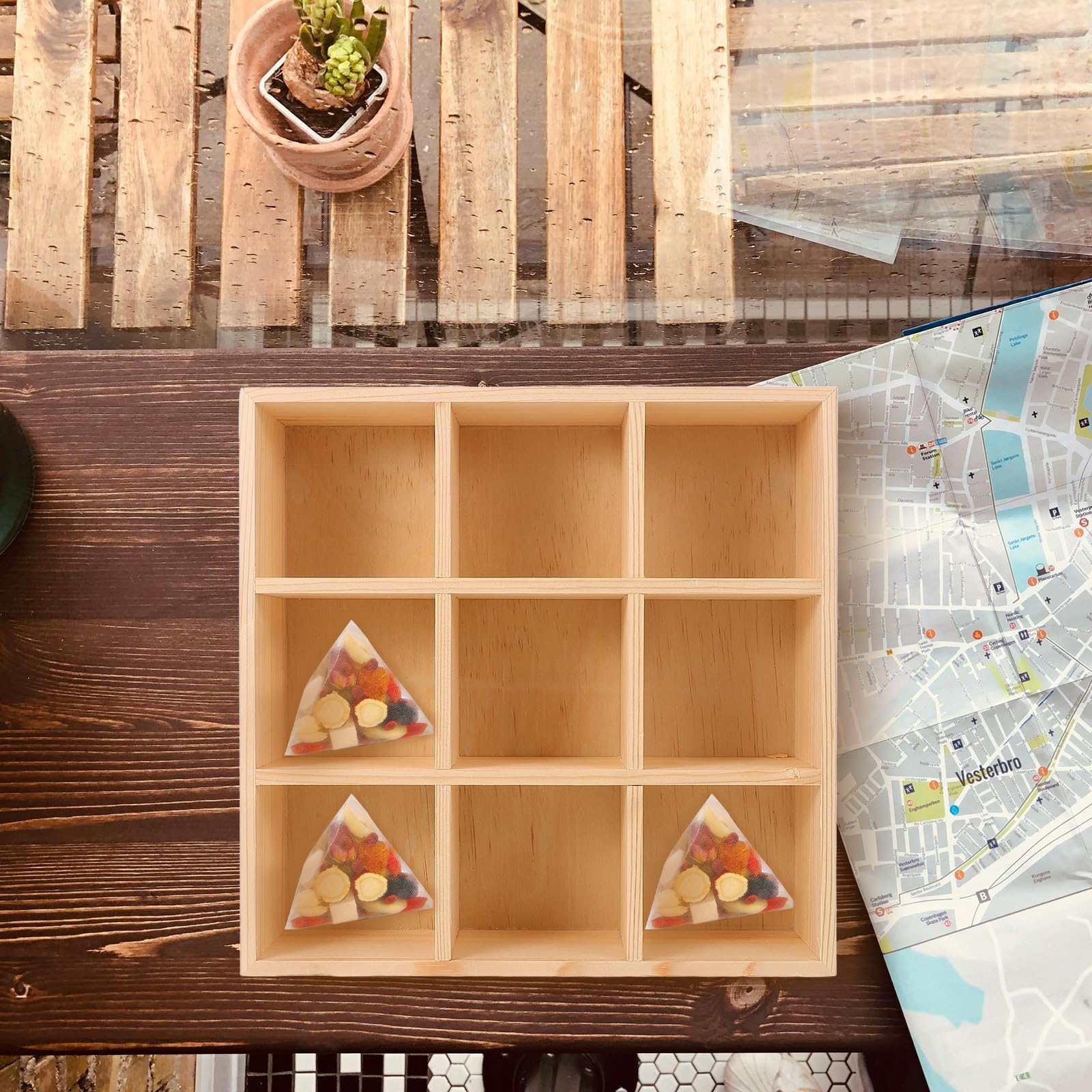 Caja de Madera Beige 9 Compartimentos para Almacenamiento y Organización de Bolsitas de Té y Paquetes de Azúcar, Resistente y Adecuado para Cocina o Patio