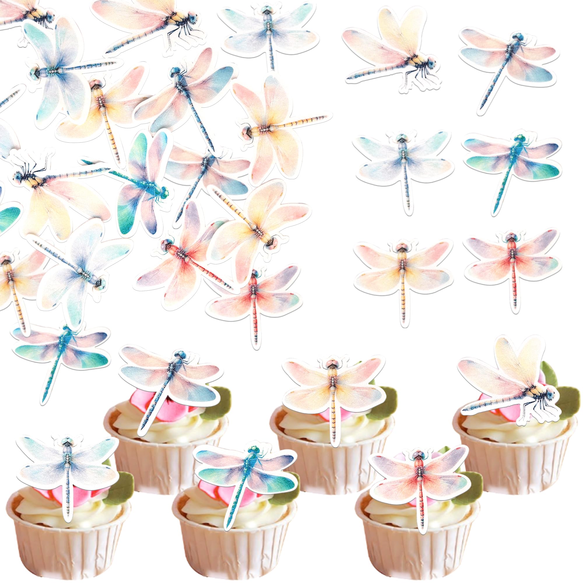 SYKYCTCY 60 Pack Edible Dragonfly Cake Topper Glitter Wafer Paper Insect Dragonfly Cake Pick Fly Garden Cake Decorations for Dragonfly Theme Party Baby Shower Birthday Party Supplies
