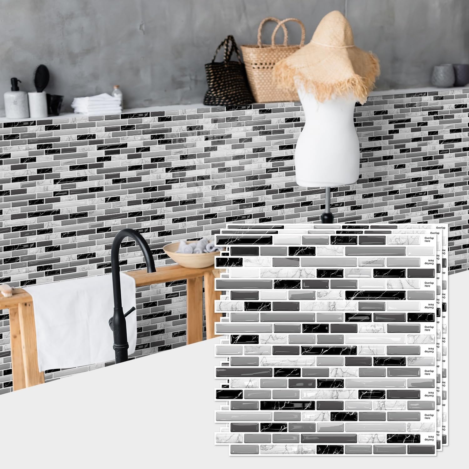 Sohouu 30.5*30.5Cm 3D Self Adhesive Wall Sticker Waterproof Removable Decor Tile 30.5X30.5cm(48Pcs)