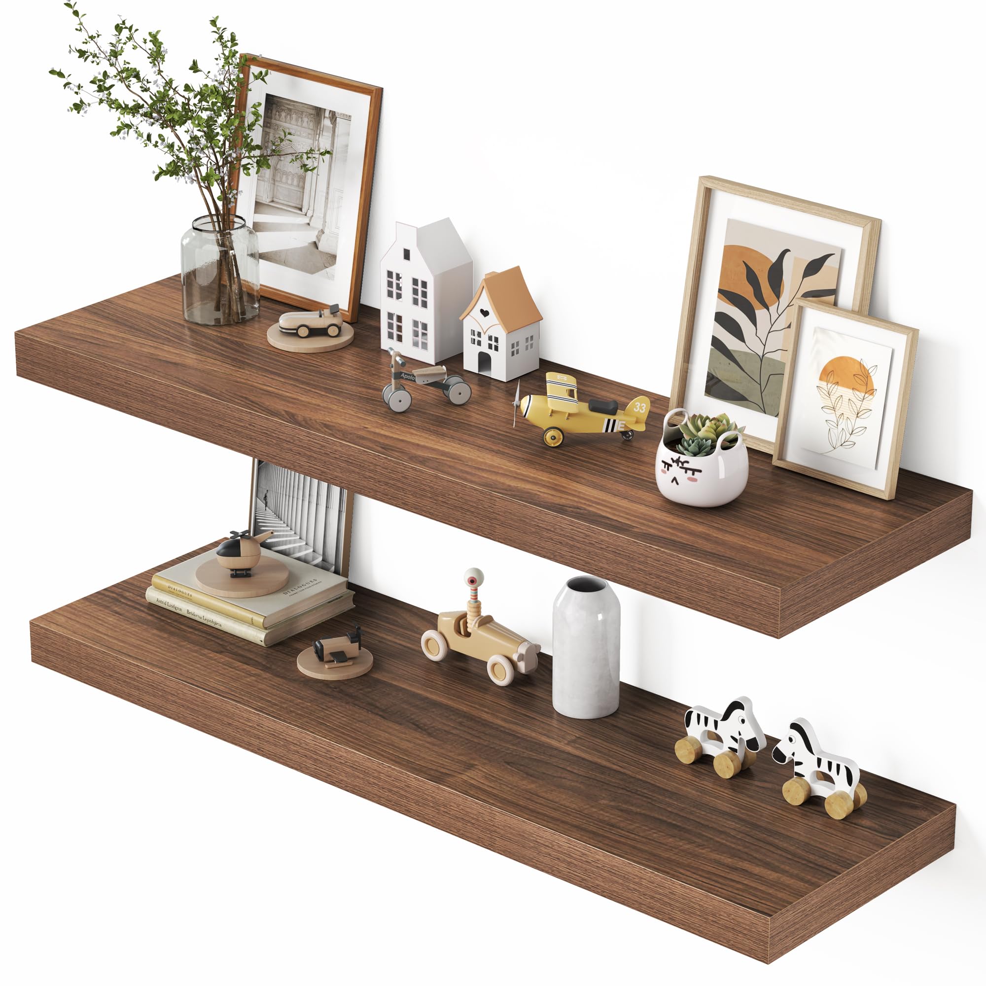 Dreamland 48" Floating Shelves for Wall, 12" Deep Thicker Walnut Floating Shelves, Wall-Mounted Shelves for Bedroom, Living Room, Kitchen, Bathroom - Set of 2