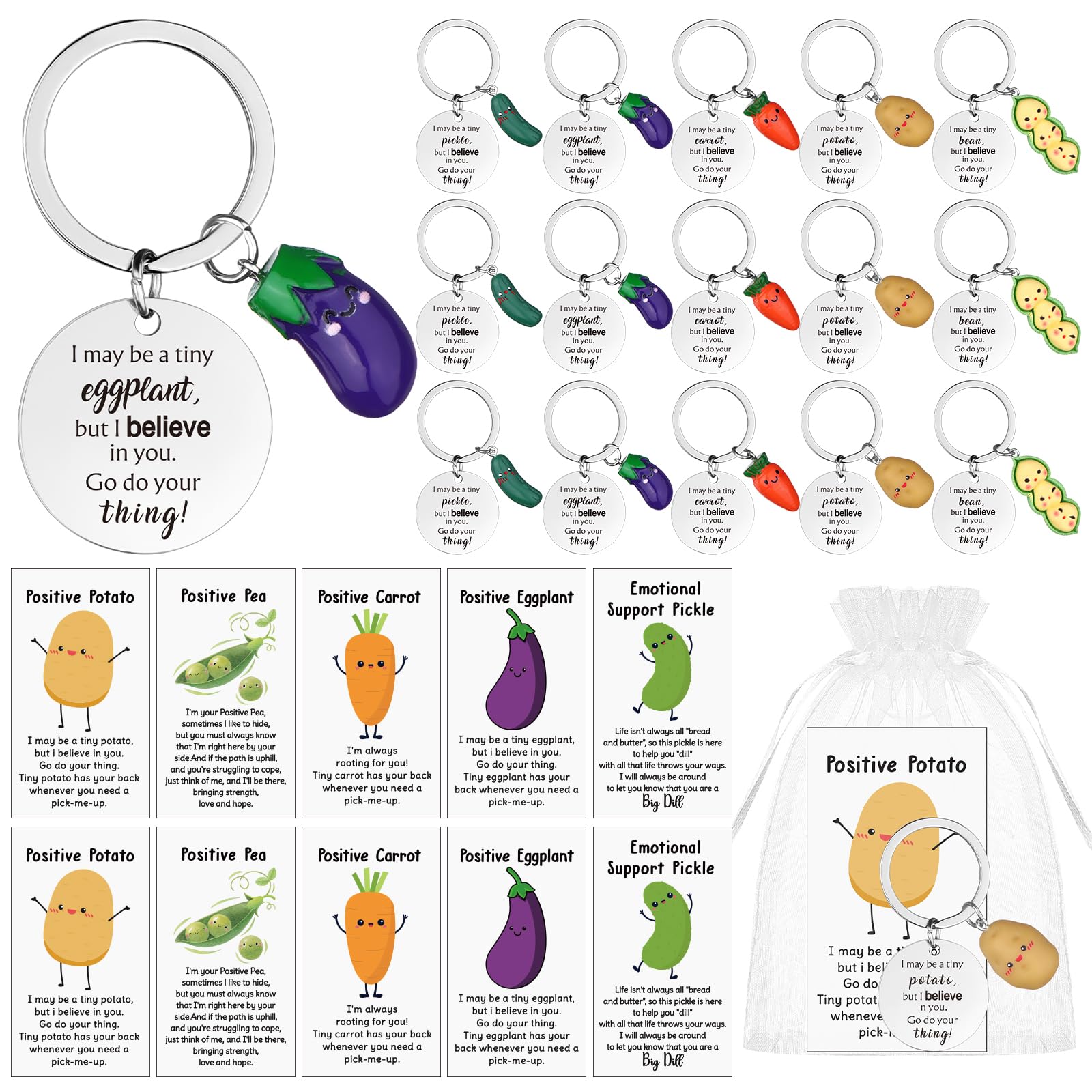 15 Sets Emotional Support Gifts Inspirational Pun Cards Positive Potato Cucumber Keychains Employee Appreciation Gift Thank You Keyring Encouragement Gifts for Coworker Team Staff Teacher Colleagues
