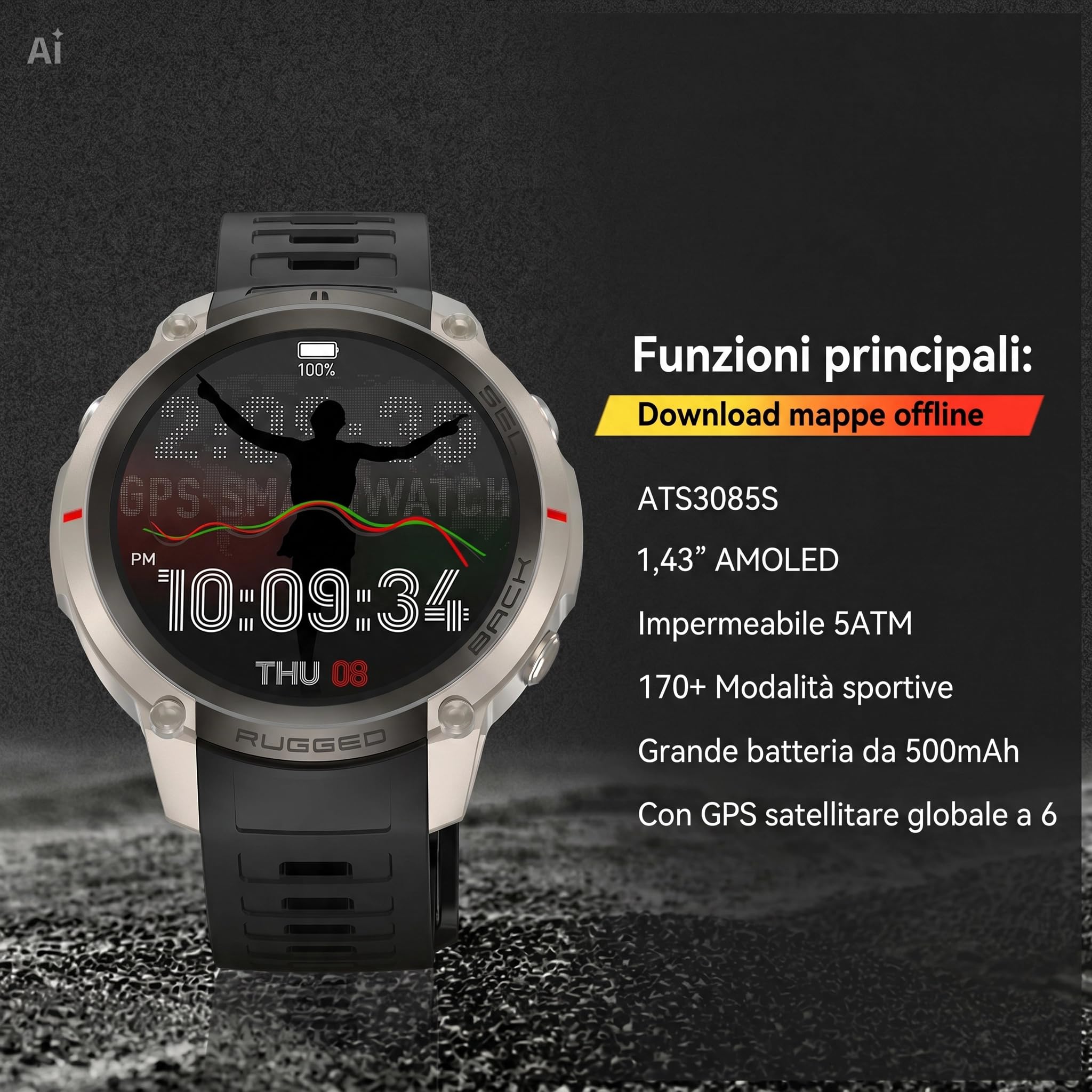 Smartwatch GPS con Mappe Offline, Bussola, Altimetro, Meteo – Orologio con Display AMOLED 1.43", Impermeabile 50M, Monitoraggio Cuore/Ossigeno/Pressione, Cinturino in Gel di Silice