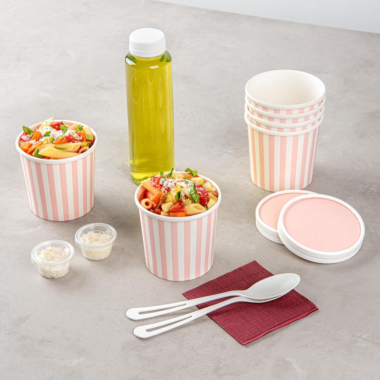 Restaurantware Bio Tek 12 Ounce Soup Containers 200 Durable Soup Bowls - Disposable Sustainable Pink And White Paper Soup Cups Striped Round For Hot Or Cold Foods