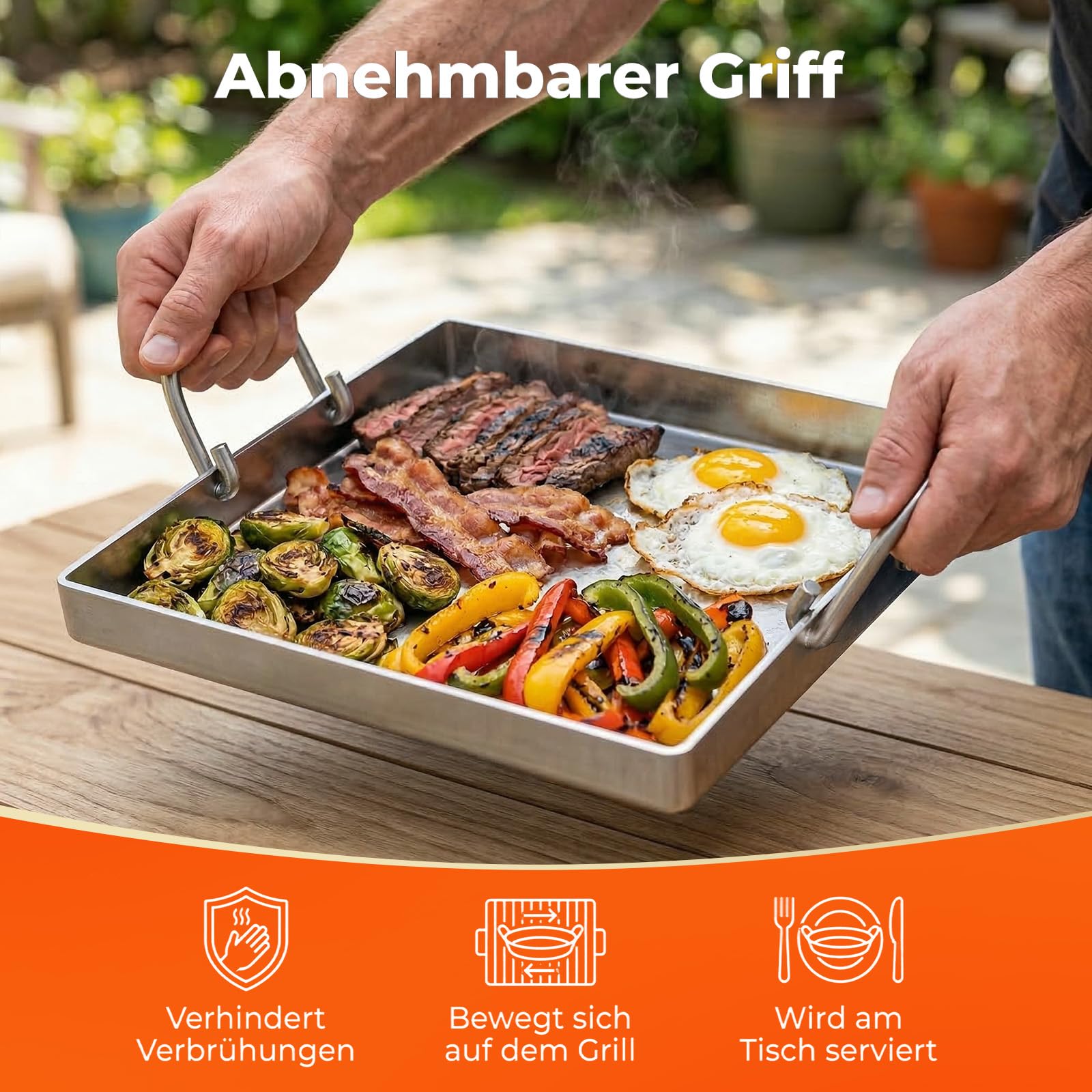 Plancha Grillplatte 40 x 30 cm mit Perforation, 4 mm Edelstahlplatte, hitzebeständig & verformungsfrei, geeignet für Burger, Gemüse, Fisch und Steak. Inklusive Grillspatel und abnehmbarem Griff.