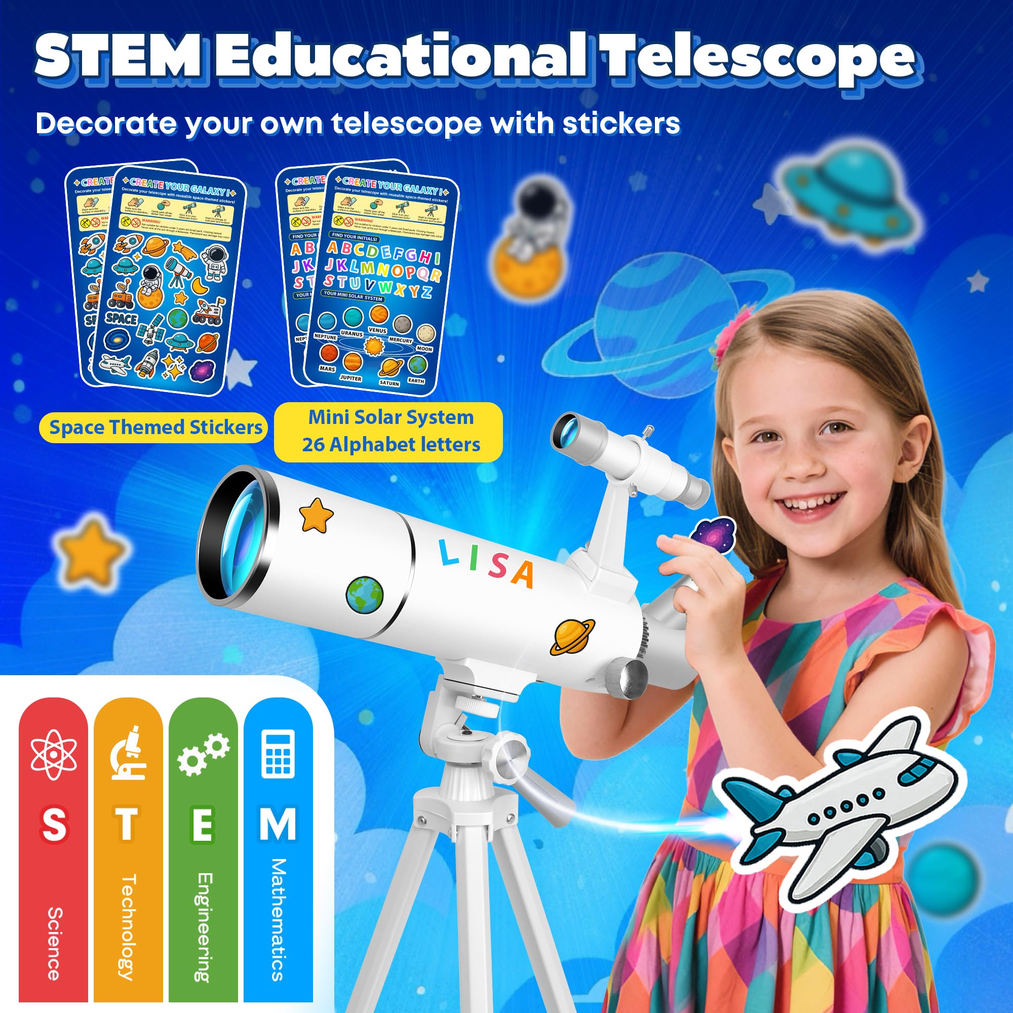 Telescopio para Adultos, 80mm Apertura 500mm Refractor Telescopios Astronómico para Principiantes con Adaptador para Teléfono, Pegatinas Decorativas