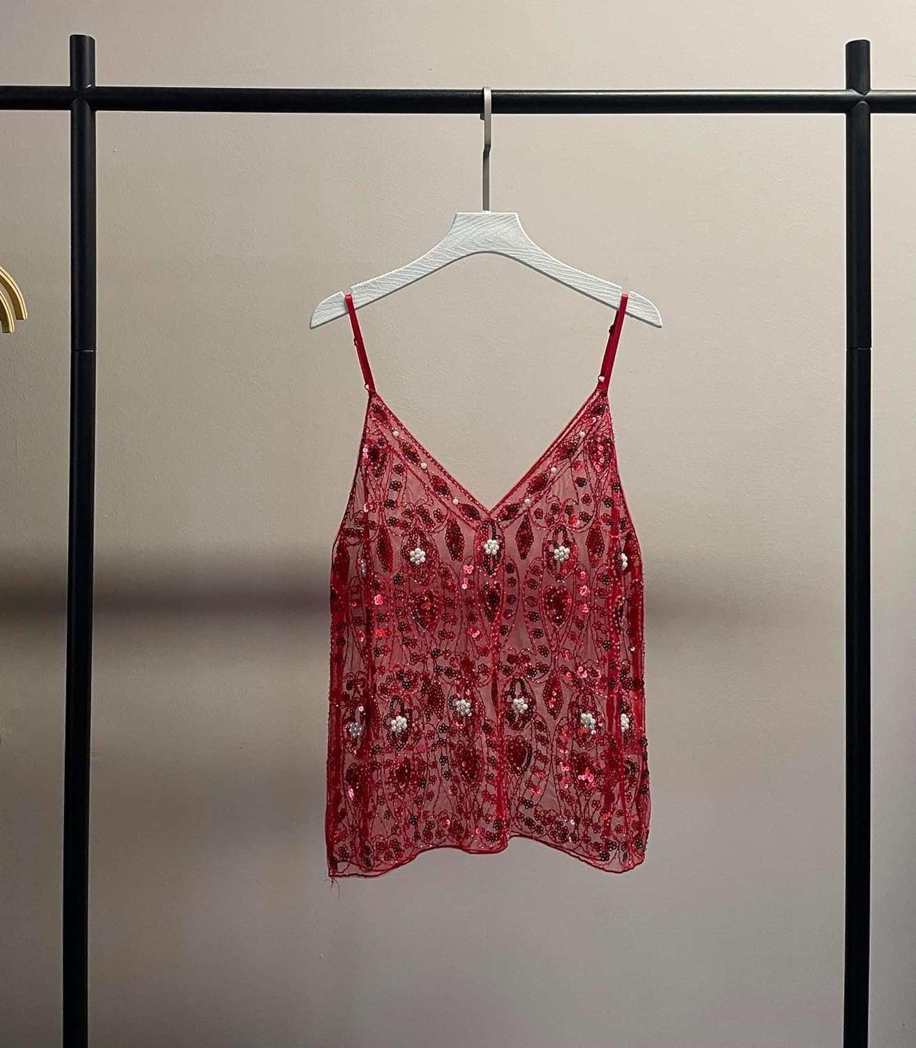 Women V Neck Sequin Tamk Top See Through Strape Camisole Beaded Top Going Out Party Outfits - Image 2