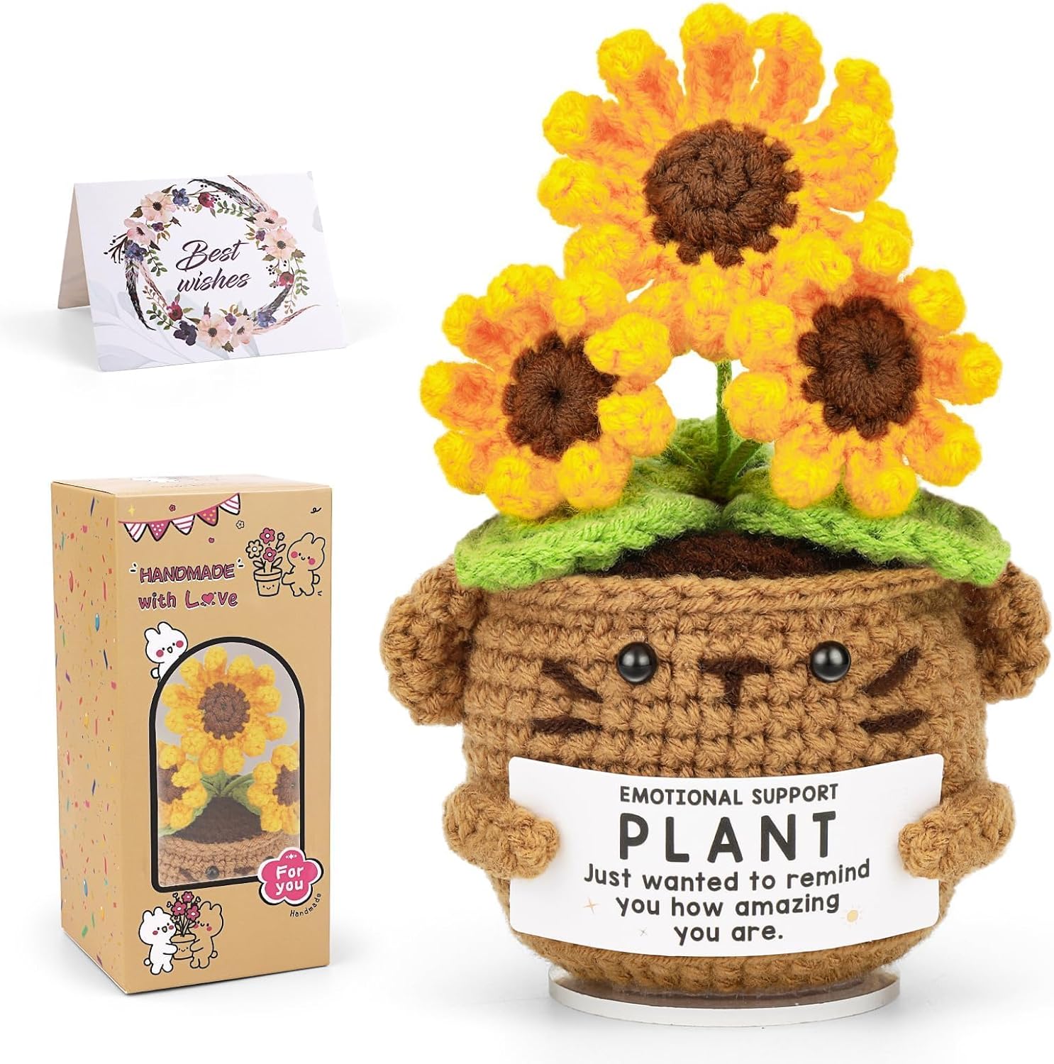 Nitlak Handmade Positive Sunflower Crochet Doll with Inspirational Card - Emotional Support Gift for Teachers, Coworkers, Friends, Family