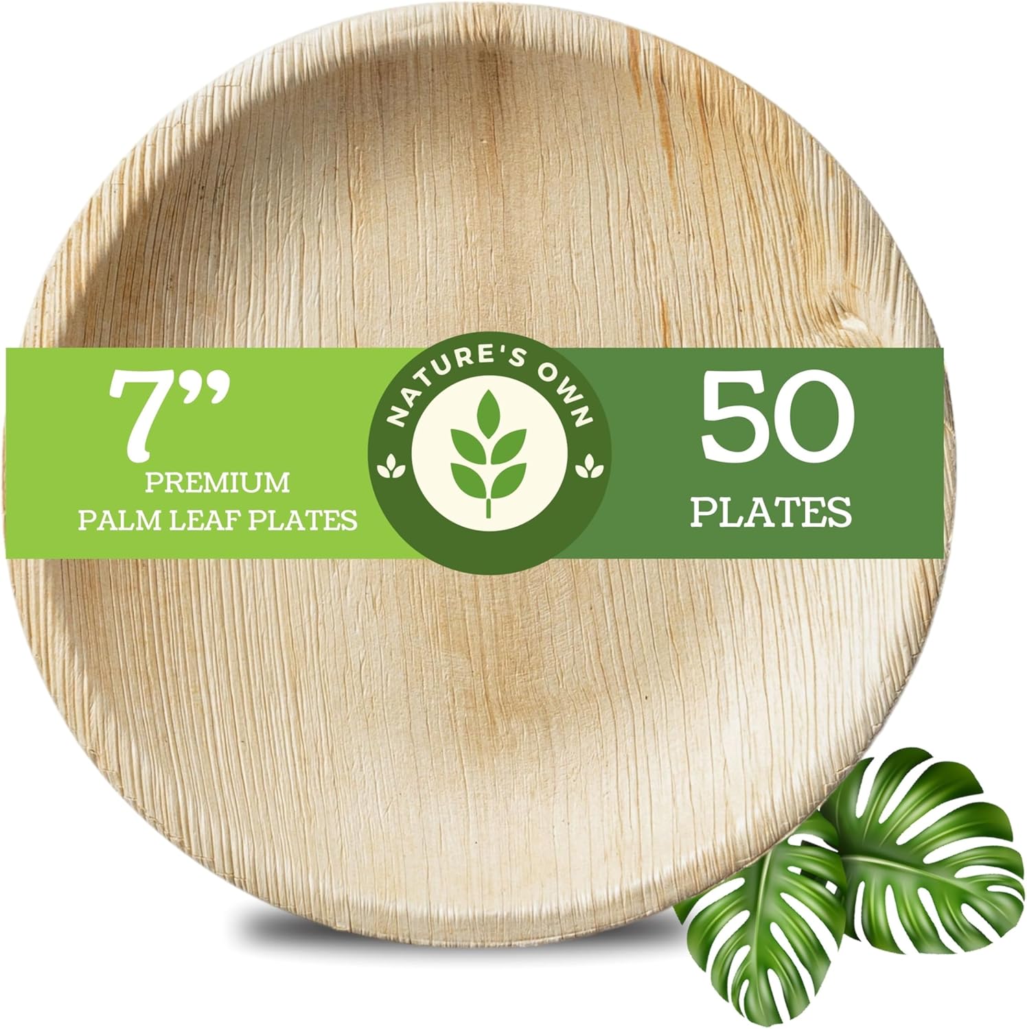 Palm Leaf Plates 7 Inch Round Bamboo Plates [50-Pack] - Biodegradable and Compostable Plates Set with Appetizer Plates - Wood Disposable Plates Party Pack