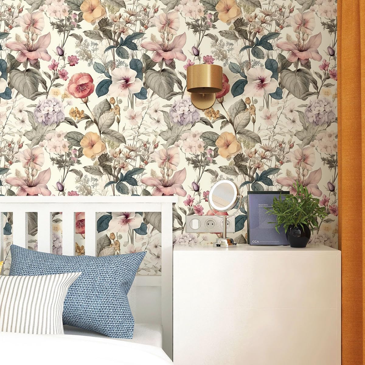 Jeweluck Floral Wallpaper Peel and Stick Vintage Floral Contact Paper Peel and Stick 16.9”x393.7” Poppy Flower Wallpaper Boho Leaf Removable Self Adhesive Wall Paper for Cabinets Bedroom Decorative