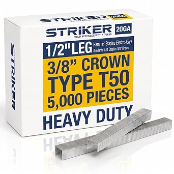 STRIKER T50 Staples, 1/2 Inch Heavy Duty Staples for Staple Gun, Galvanized 20 Gauge 3/8 Inch Crown Staples for Upholstery, Construction, Carpet 5,000 Count