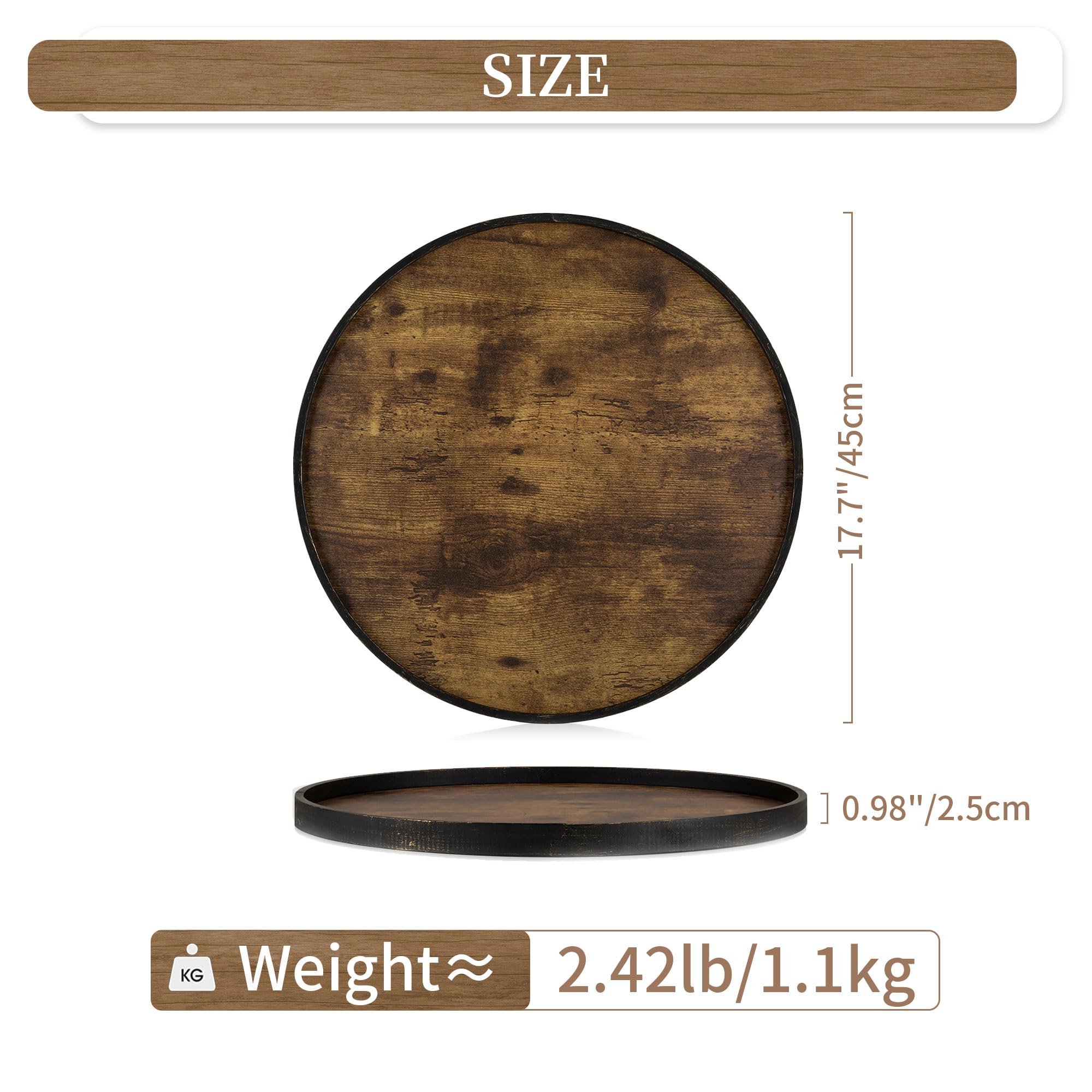 Hanobe Bandeja decorativa para mesa de café: bandeja de madera marrón, bandejas redondas de madera rústica, centro de mesa de granja, portavelas para decoración del hogar, mostrador otomano,