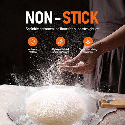 Miniatura 10 de Sharmila Pala de pizza de 12 pulgadas, pala de aluminio para pizza con mango de madera plegable, cortador de pizza y espátula de pizza de metal,