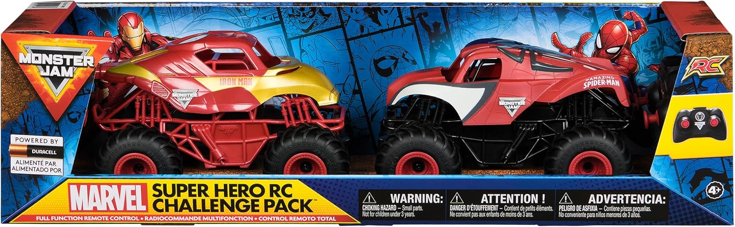 Monster Jam, Marvel Official Superhero RC Challenge Pack Iron Man and Amazing Spider-Man RC Trucks 1:24 Scale RC Kids Toy for Ages 4+