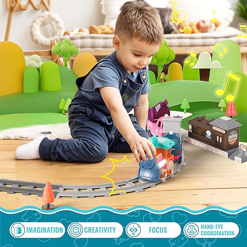 Miniatura 5 de Juego de tren eléctrico para niños pequeños y niños con música, luces y pistas, tren First Choo Choo, conexión magnética, regalos de cumpleaños para