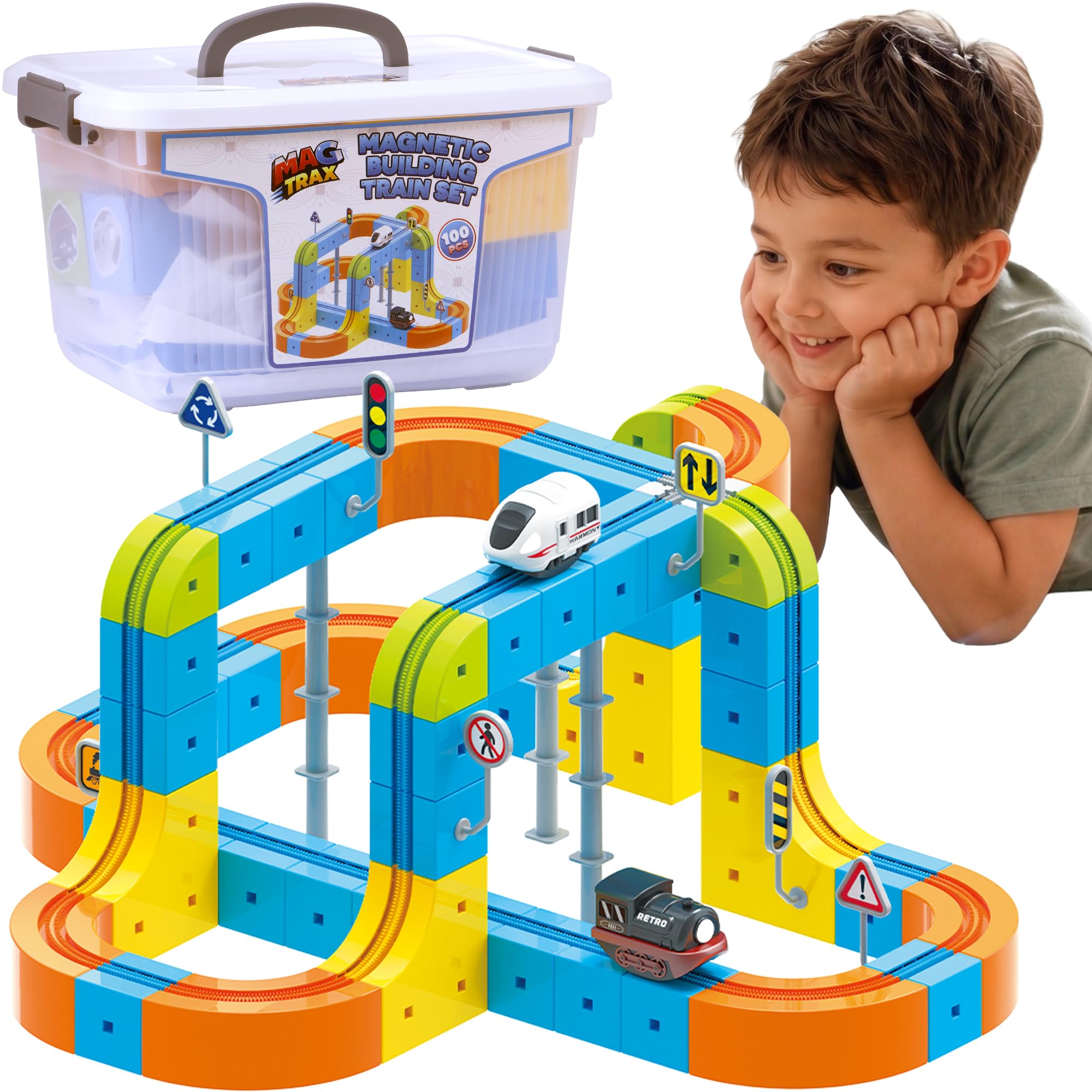 Mag Trax 100 Piece Magnetic Train Set With Magnetic Building Blocks
