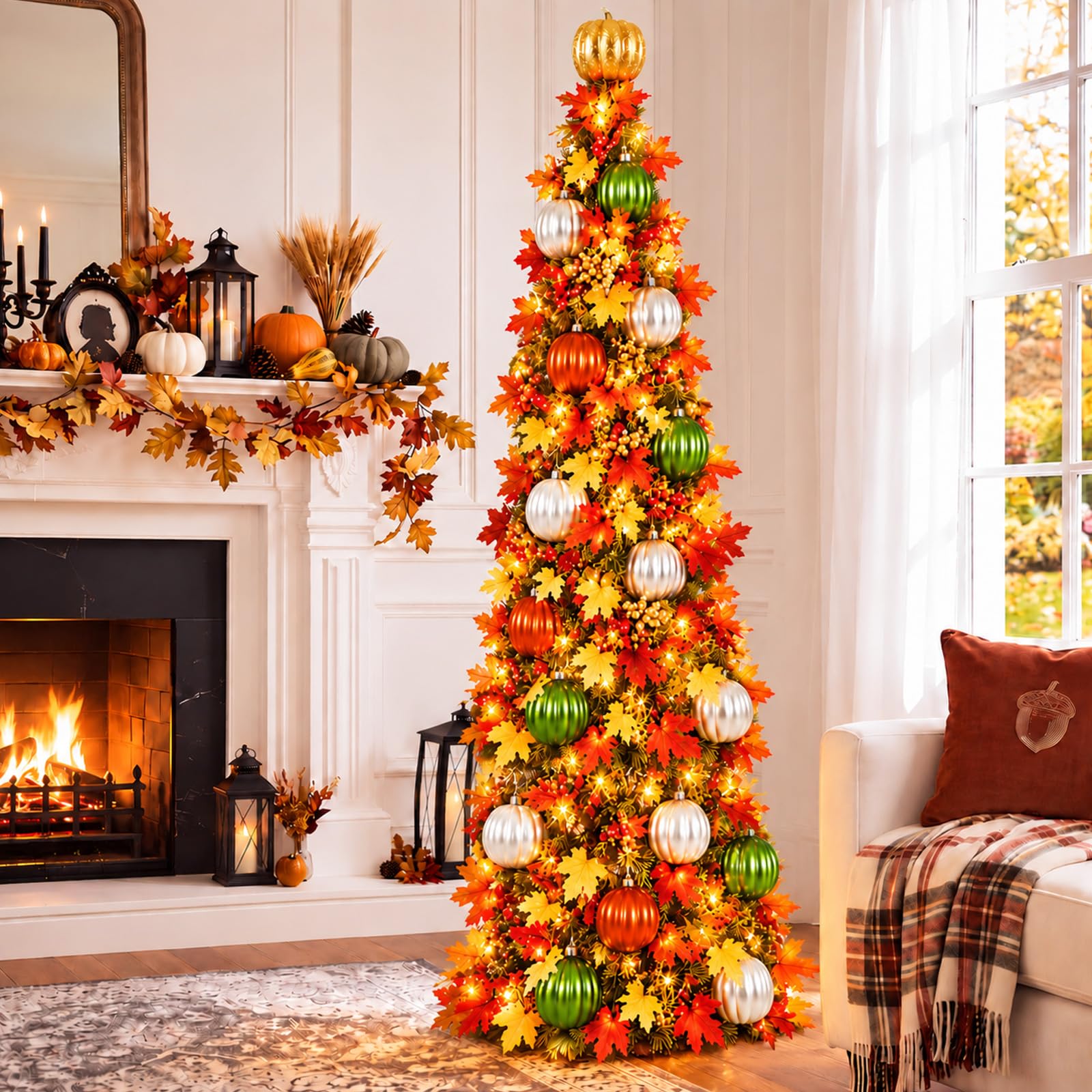 Vicenpal Lot de 15 décorations de sapin de Thanksgiving de 1,5 m - Érables - 30 lumières LED chaudes - 12 citrouilles - Décoration pliable - Pour Thanksgiving, porche, bureau, fête