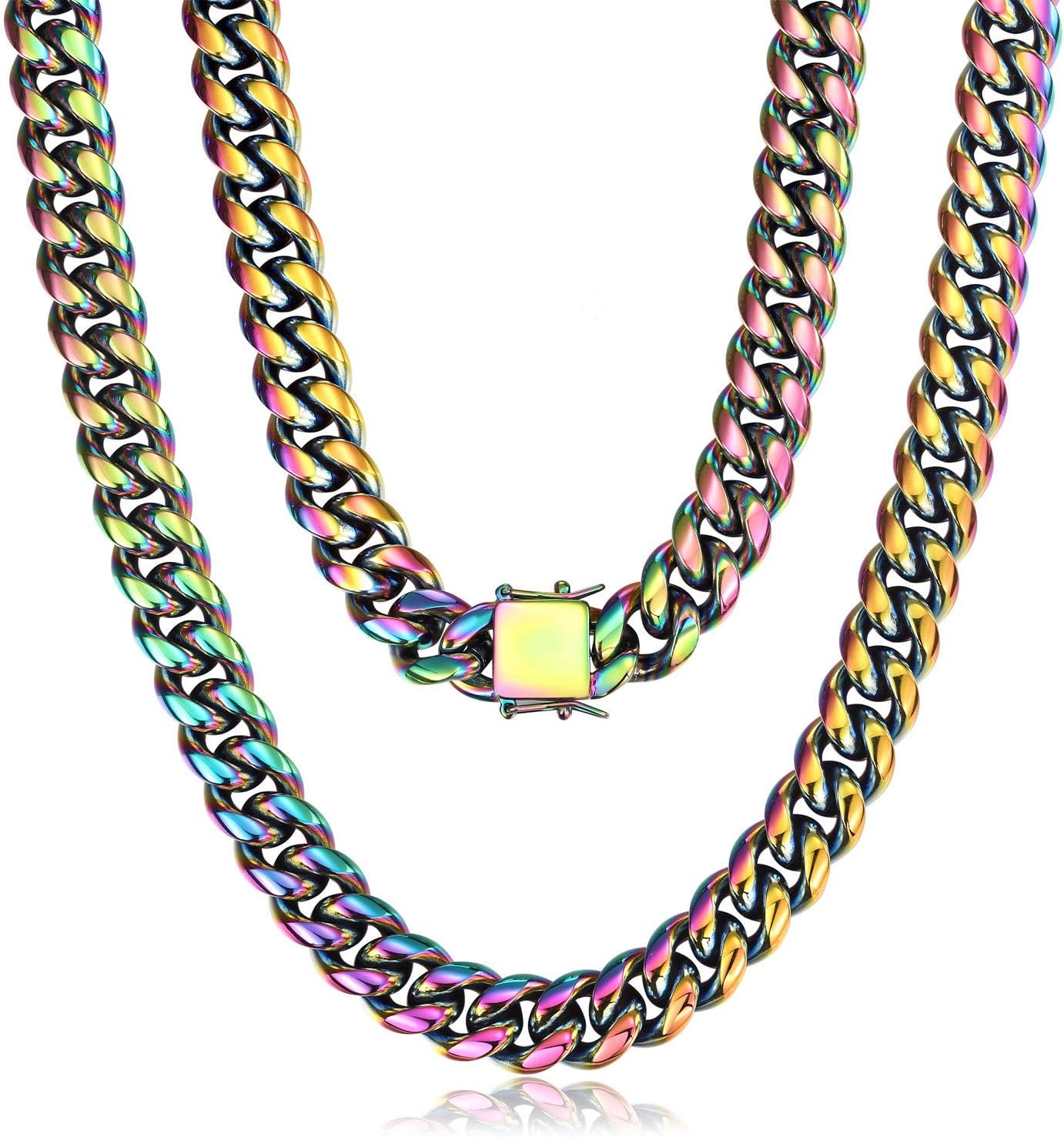 ROWIN&CO Mens Miami Cuban Link Chain Multicolor Rainbow Heavy 316L