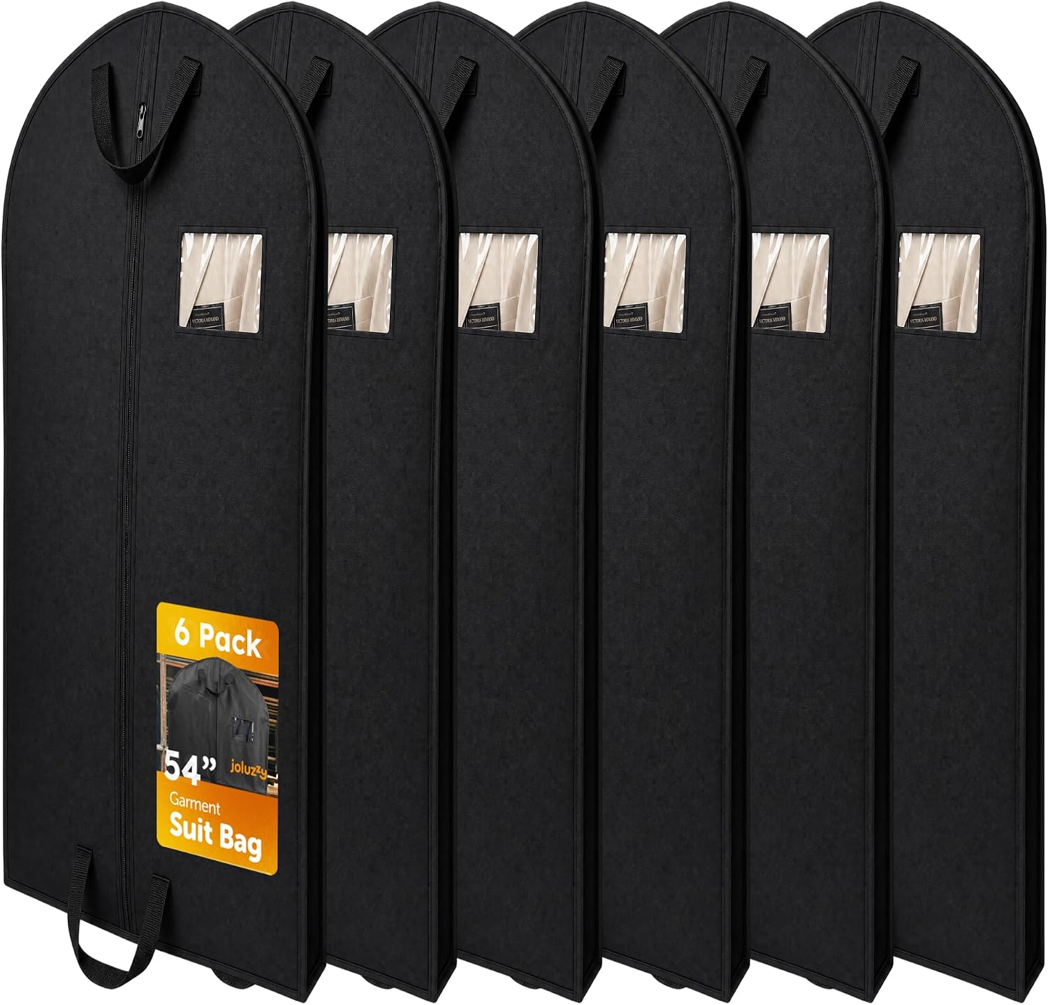 Garment Bag for Travel – 6-Pack, 54” Extra Long Suit Protector | 82 GSM Heavyweight Fabric Dress Bag, Reinforced Handle, Black Breathable clothe Hanging with Zipper & Clear Window.
