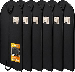 Garment Bag for Travel – 6-Pack, 54” Extra Long Suit Protector | 82 GSM Heavyweight Fabric Dress Bag, Reinforced Handle, Black Breathable clothe Hanging with Zipper & Clear Window.