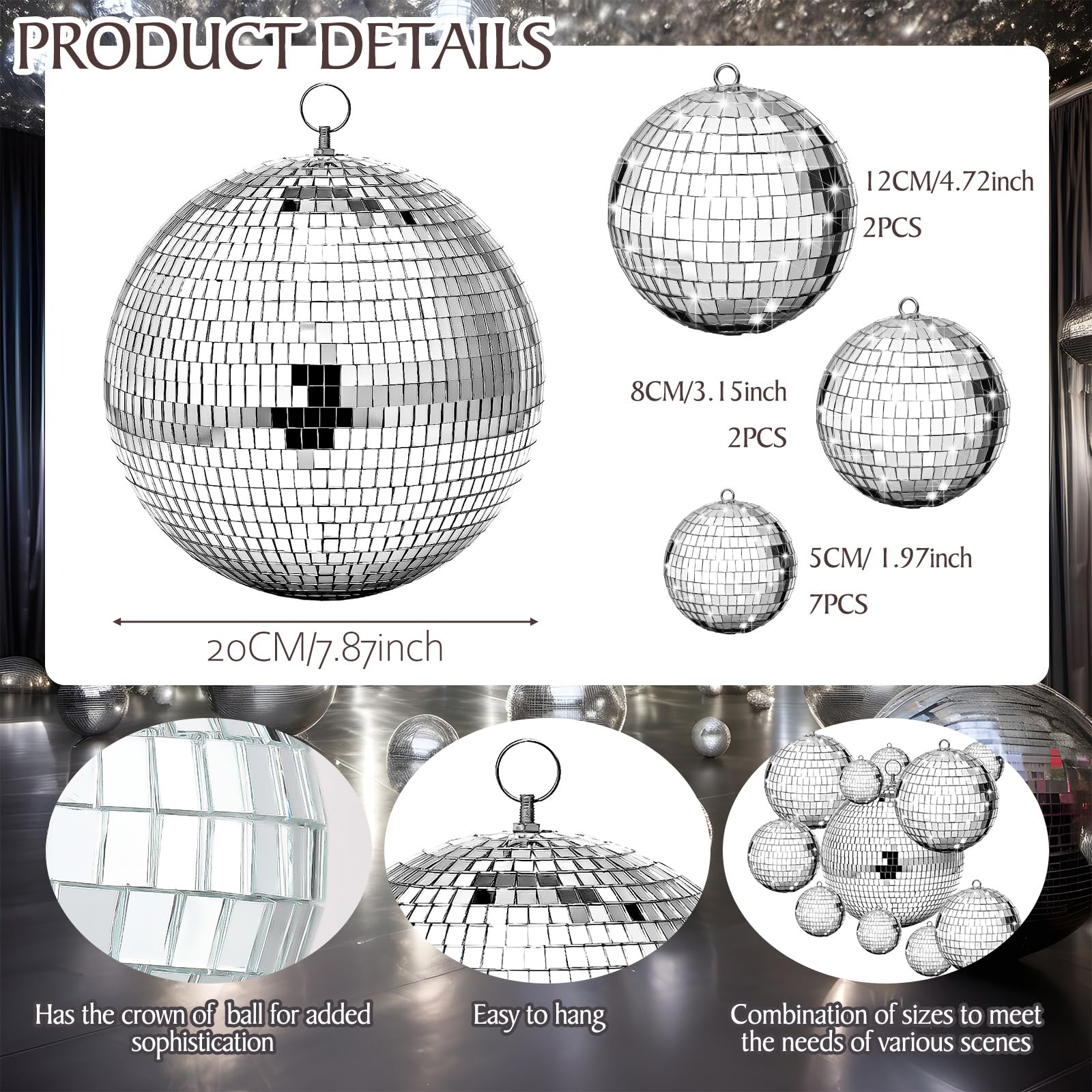 Beeveer 12 Pcs Large Mirror Disco Ball Light Mirror Ball Disco Party Decorations Silver Hanging Sets Reflective Ornament for Christmas Wedding Party Favor(8/5/3/2 Inch)