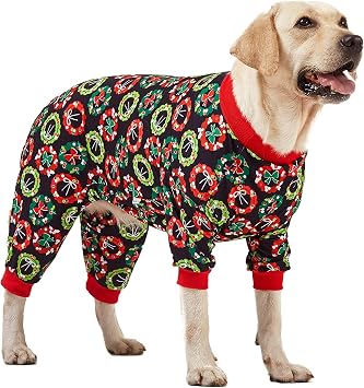 LovinPet Dog Christmas Onesies for Large Dogs, Xmas Holiday Dog Costume,Long Sleeve Lightweight Pullover, Joy Holiday Wreaths Black Prints, Pjs for Dogs, Pitbull Clothes, Christmas Outfit, 2XL