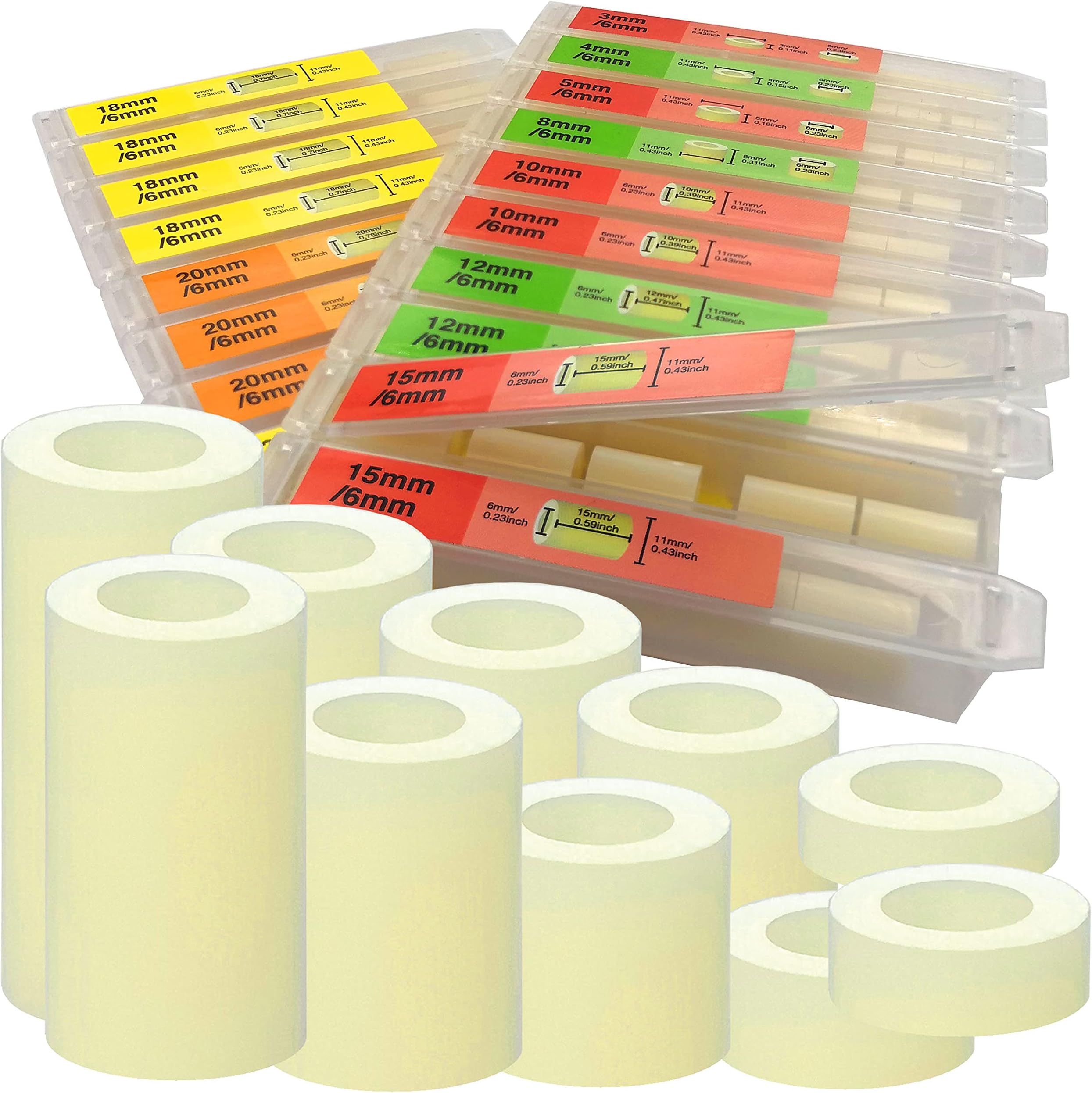 EEEEE 151pcs Nylon Spacers Round Plastic wall Plate for Screws Hardware spacers Standoff Assortment Kit, OD 11mm ID 6.2mm Length 3 4 5 8 10 12 15 18 20 25mm for M6 (White)