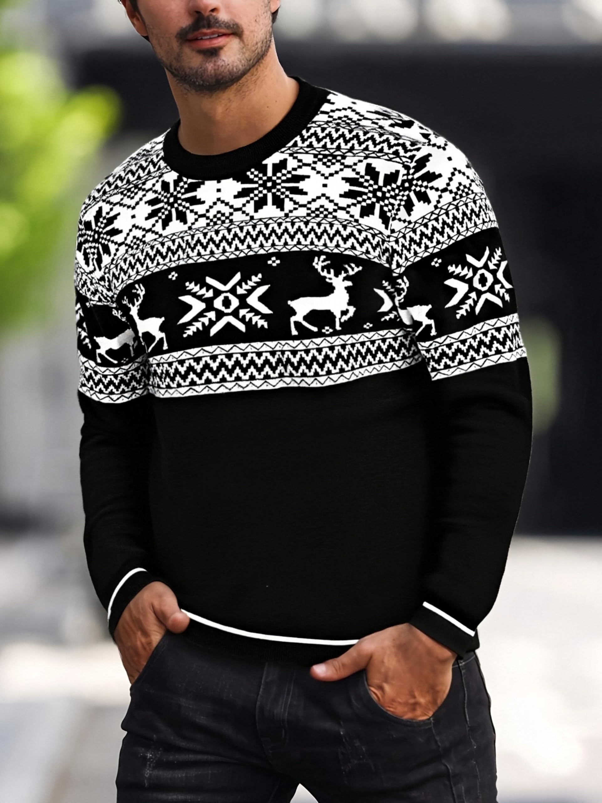 Pull de Noël Homme Col Rond Motif Renne | Motif renne et flocon, col rond et manches longues pour les fêtes, les soirées d’hiver et les cadeaux de Noël.