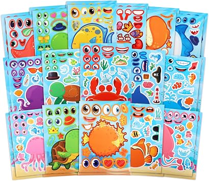 32 Sheets Ocean Animal Handmade Stickers, Mixed & Matched with 16 Designed Characters Stickers Books, Your Own Activities Sticker for Kids Boys Girls Holiday Party Favors, Gift Idea2 of Each