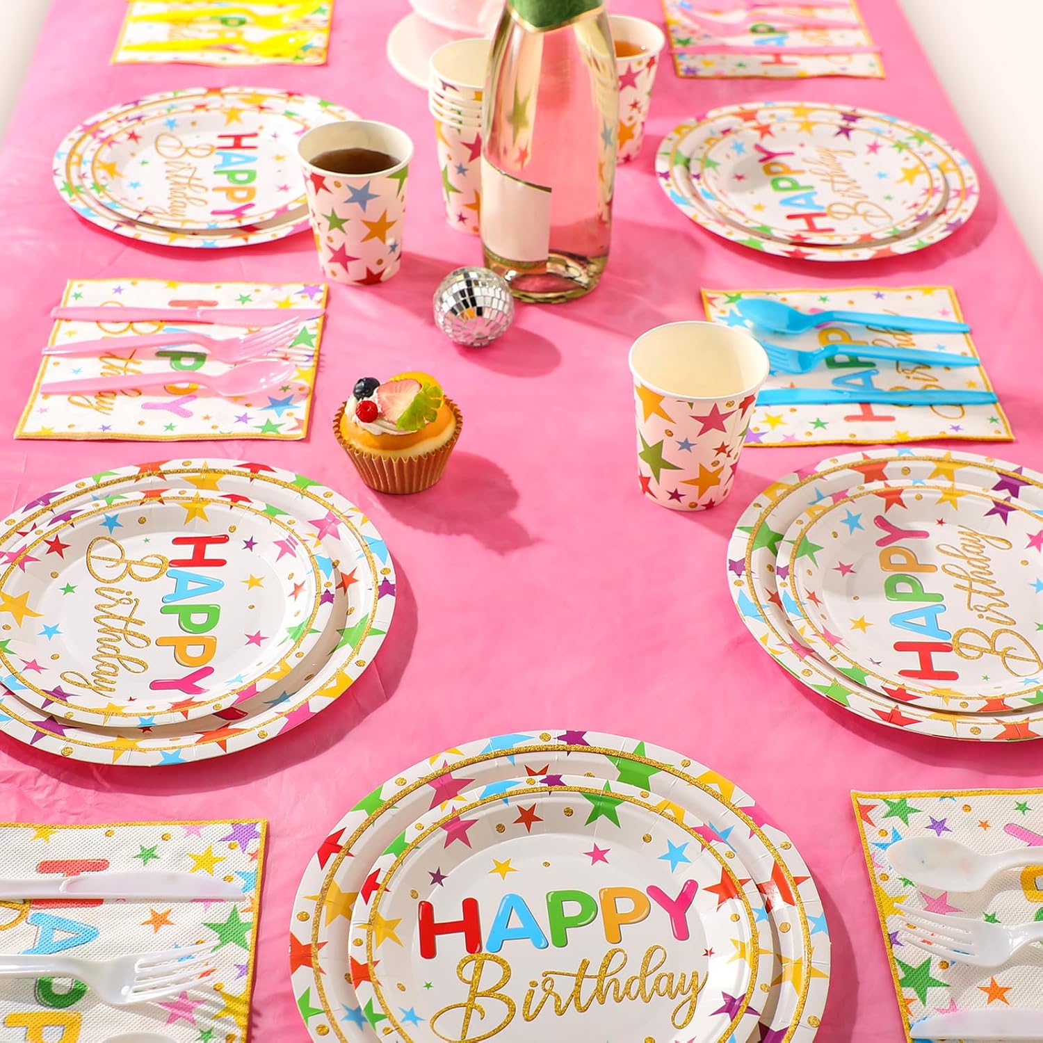 Meanplan Serves 24 Guests Happy Birthday Plates and Napkins Rainbow Star Birthday Tableware Set Rainbow Happy Party Decorations for Kids Included Cups Knives Forks Spoons Total 168 Pcs