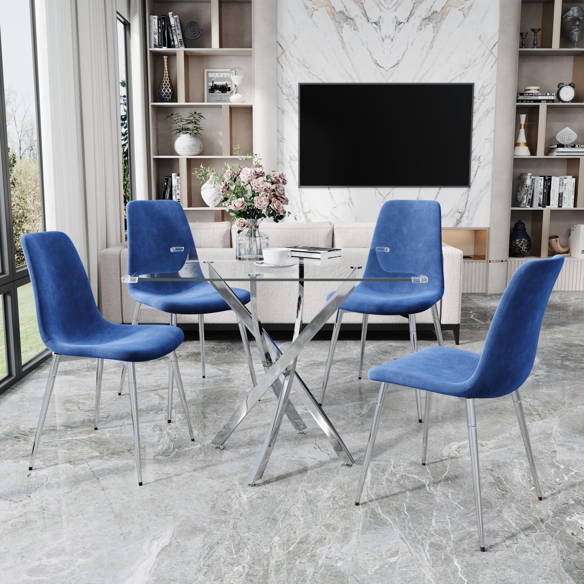 36" Square Glass Dining Table Set for 4, 5-Piece Modern Kitchen Table with 4 Blue Scoop-Shape Velvet Chairs, Modern Circle Leisure Table for Home Office Dining Room Small Spaces (Gold Leg)