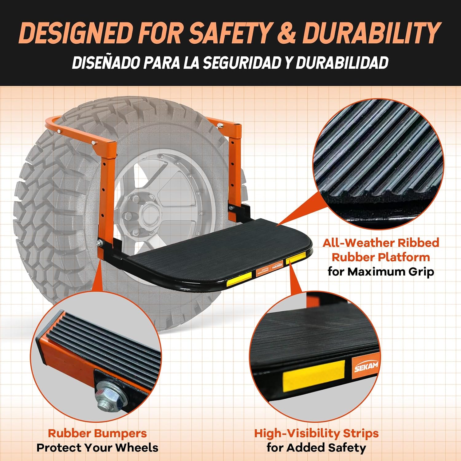 sekam folding tire step for trucks, suvs & rvs, adjustable wheel step fits tire widths up to 15", heavy-duty all-steel truck step, 350 lb capacity
