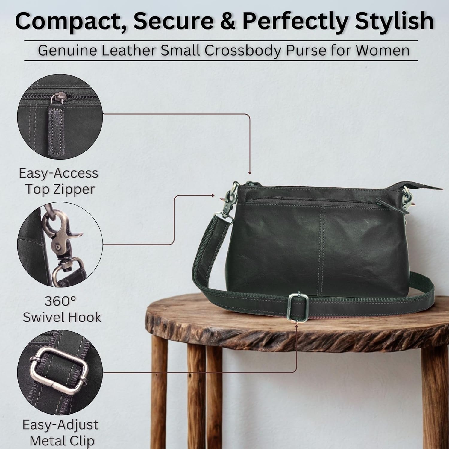 Small 9" Genuine Leather Crossbody Bag for Women Vintage Mini Saddle Purse Boho Shoulder Travel Handbag with 3 Zipper Pockets - Image 5