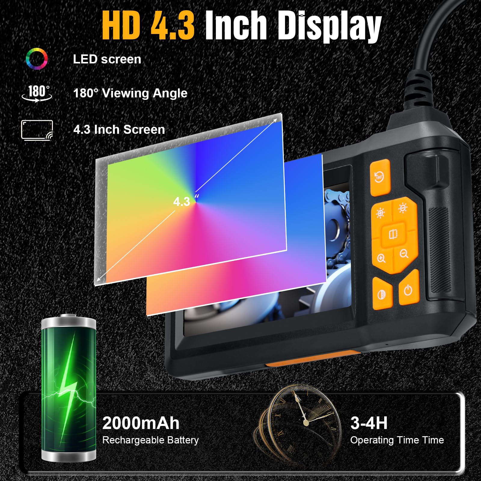 Romon Caméra Endoscopique, 1080P HD Endoscope Industriel, IP67 Camera Inspection Canalisation D'inspection à Étanche IPS de 4.3", 8 LED Réglables, Telescopique Camera Câble Semi-Rigide 39,4FT, 2000mAh