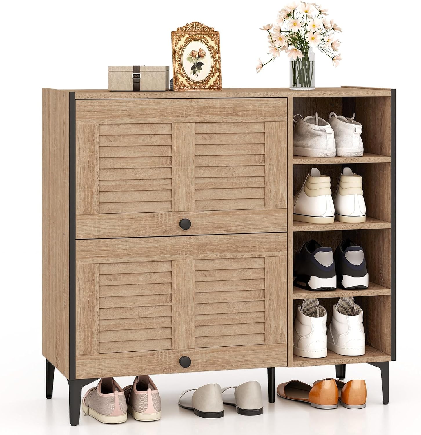 LOKO Shoe Storage Cabinet, Modern Shoe Organizer with Flip Doors, Adjustable & Removable Shelves, Rustic Shoe Shelf for Entryway, Hallway, Mud Room, Living Room, Oak (Louvered Doors)