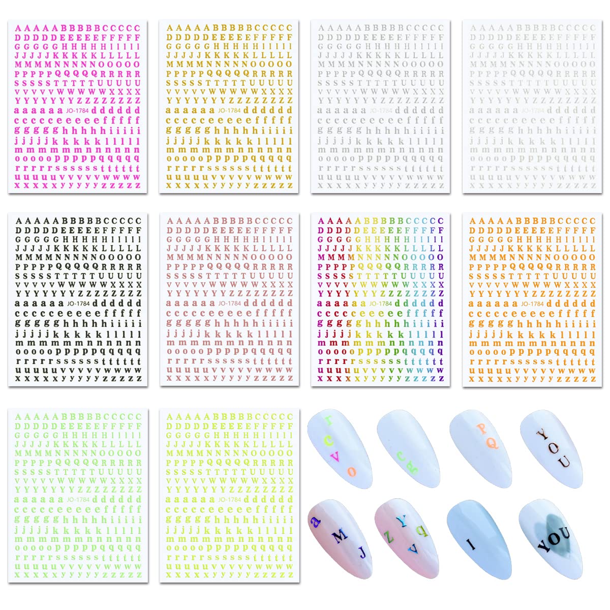Letters Nail Art Stickers, 10 Sheets 3D Nail Decals English Alphabet Nail Stickers for Nail Art Decoration, Colors Laser Small Letter Nail Sticker Self Adhesive Nails Stickers Charms