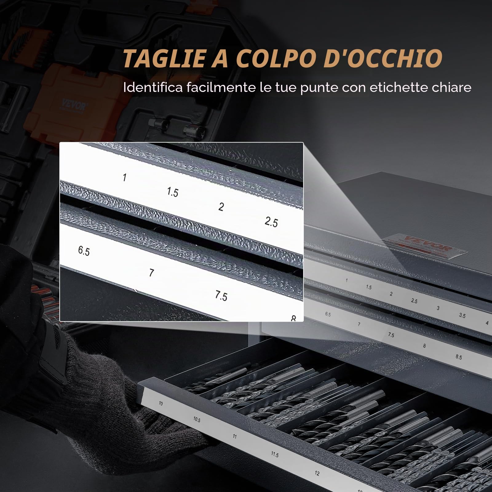 VEVOR Scatola Porta Punte Trapano 1-13 mm Cassetti Portautensili 3 Cassetti 29 Scomparti Etichettati, Dispenser per Punte 37,5x20x20 cm Impilabile Facile Identificazione Conservazione Officina Garage