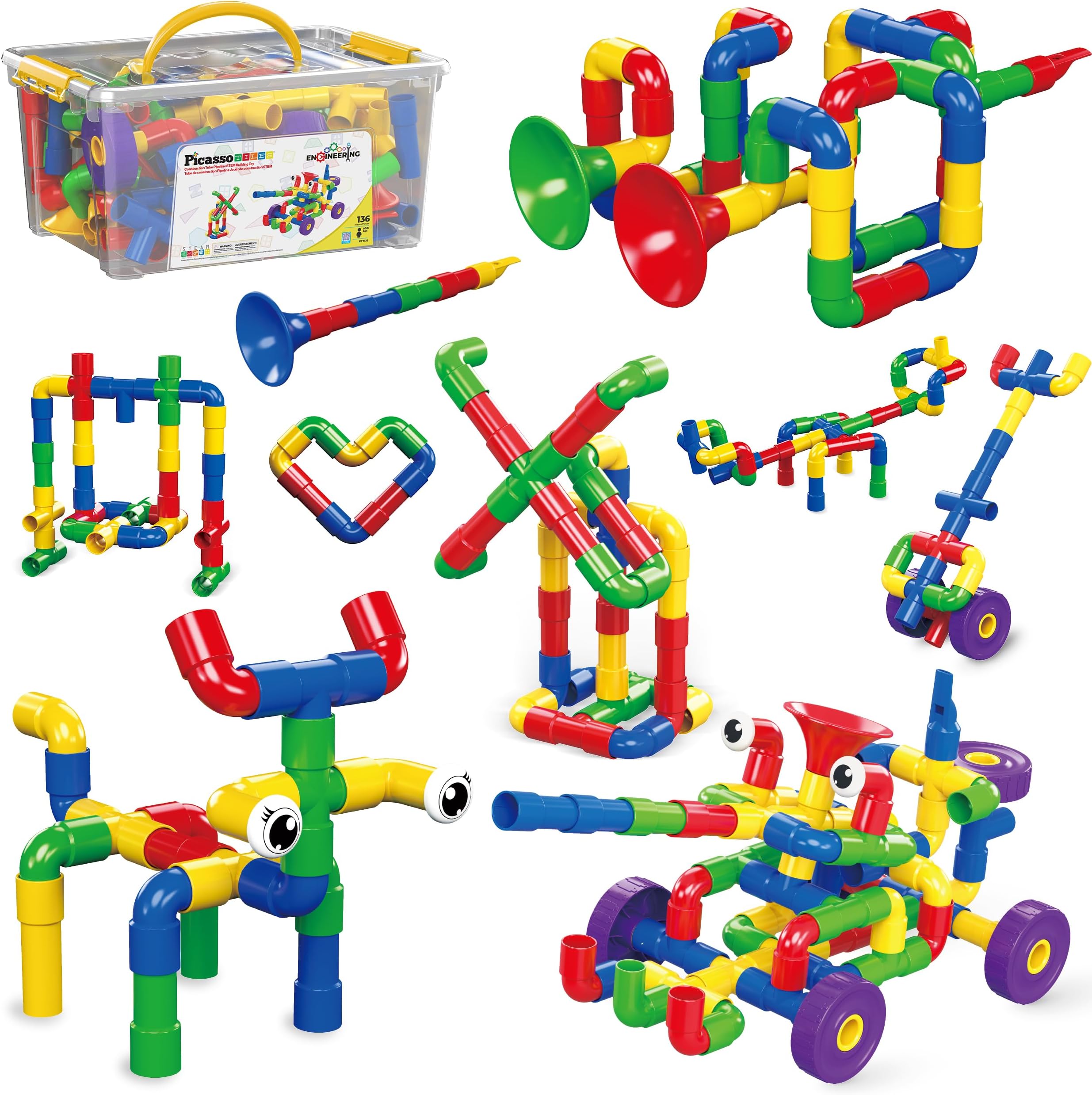 PicassoTiles PTT136 136pcs Tubular Pipes & Spout STEAM Interlocking Educational Building Block Set, Tube Locks, Pipeworks Construction Blocks w/Storage Container Box, Idea Book, Flute Musical Kit
