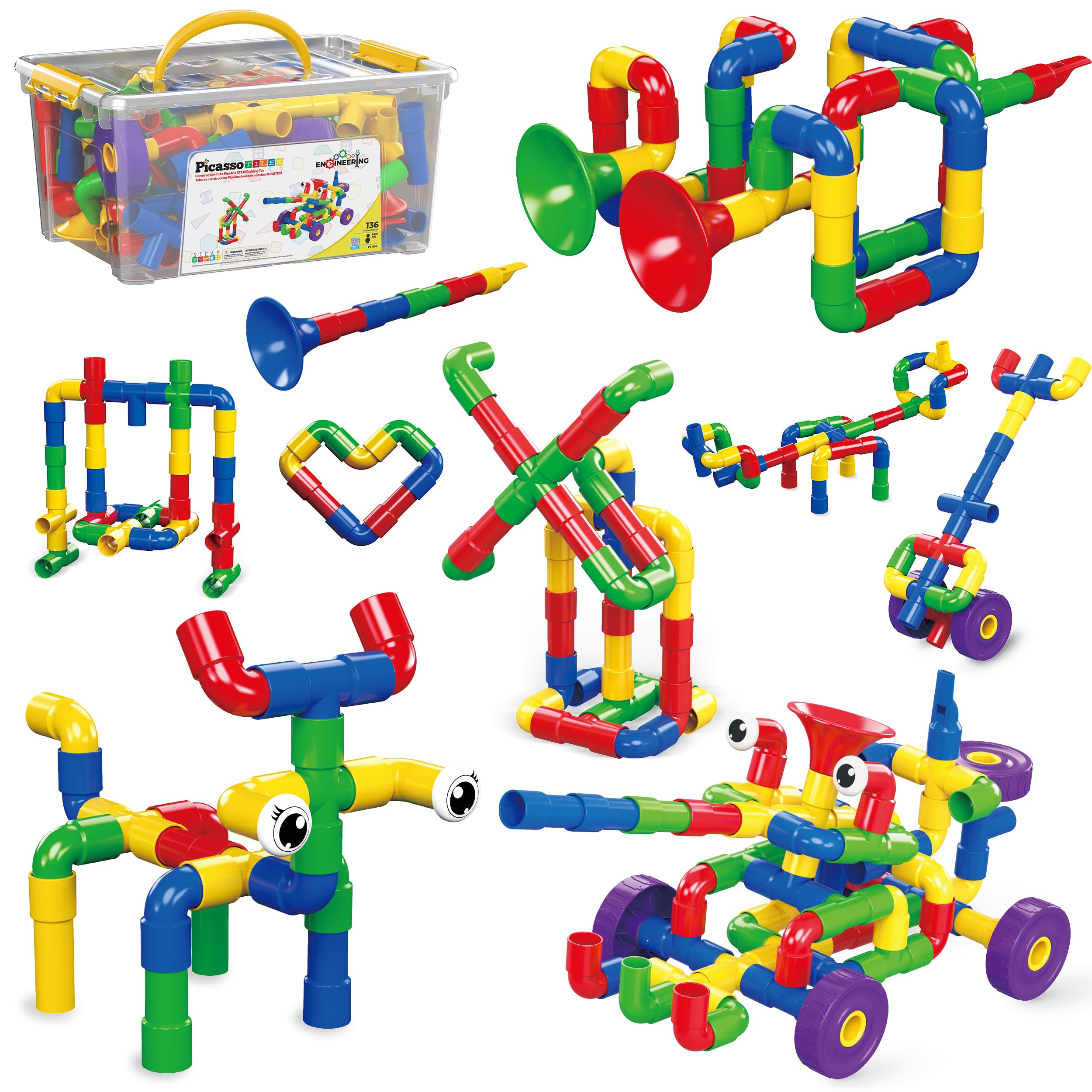 PicassoTiles PTT136 136pcs Tubular Pipes & Spout STEAM Interlocking Educational Building Block Set, Tube Locks, Pipeworks Construction Blocks w/Storage Container Box, Idea Book, Flute Musical Kit