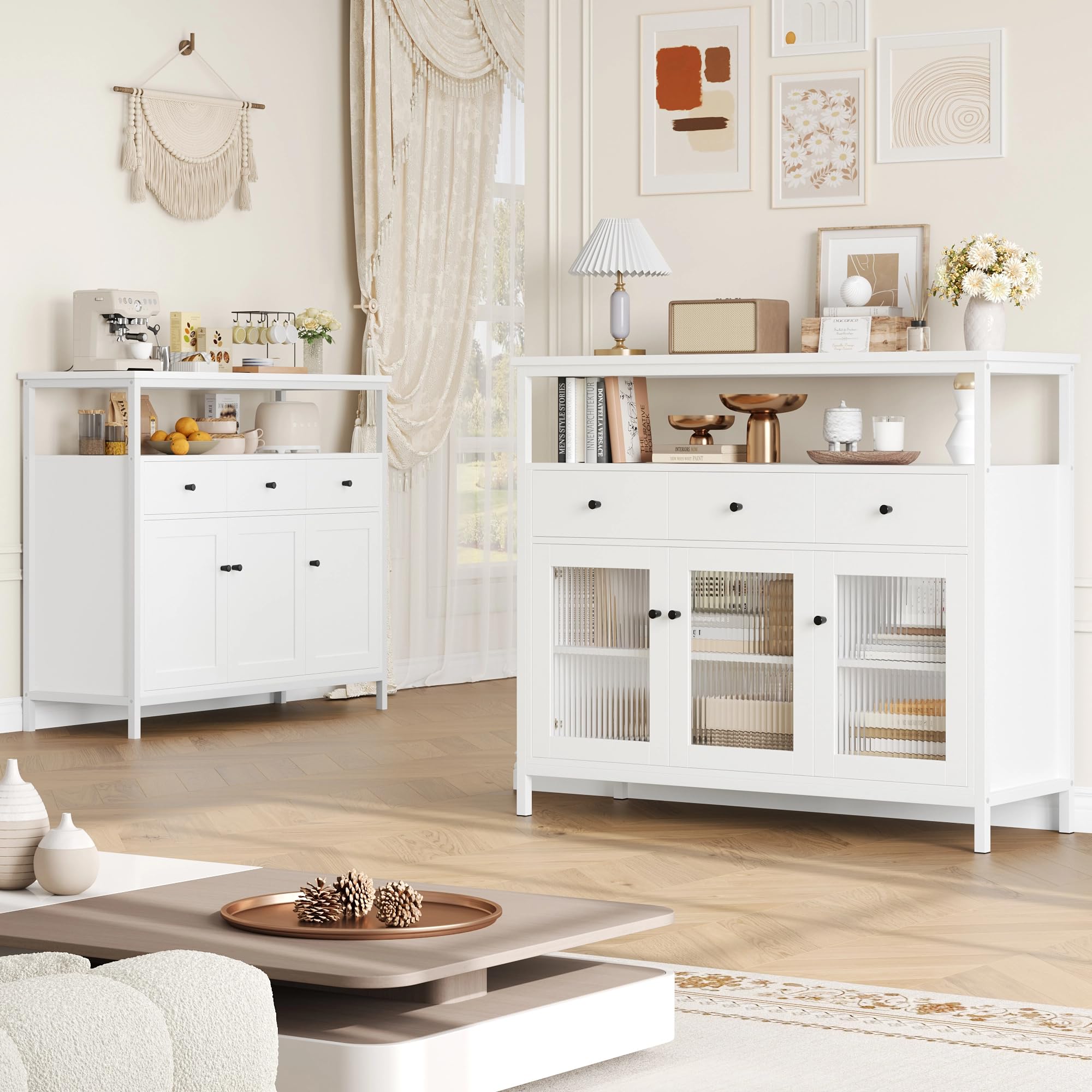 FirFurd Sideboard Küchenschrank mit Arbeitsplatte 3 Schubladen 3 Glastüren | Buffetschrank mit offenem Fach, Küchenbuffet mit Metallrahmen, für Wohnzimmer Küche Esszimmer, 108 x 38 x 98,5 cm