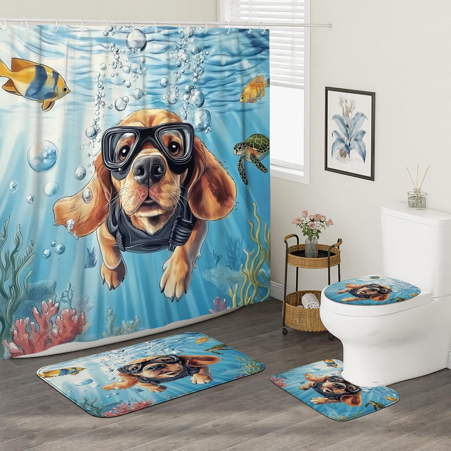 4PCS Spring Bloodhound Dog Bathroom Accessory Sets with Non-Slip Rug, U Shape and Toilet Lid Cover Mat, Fun Puppy Kids Ocean Anime Bathroom Decorative-72''x72''