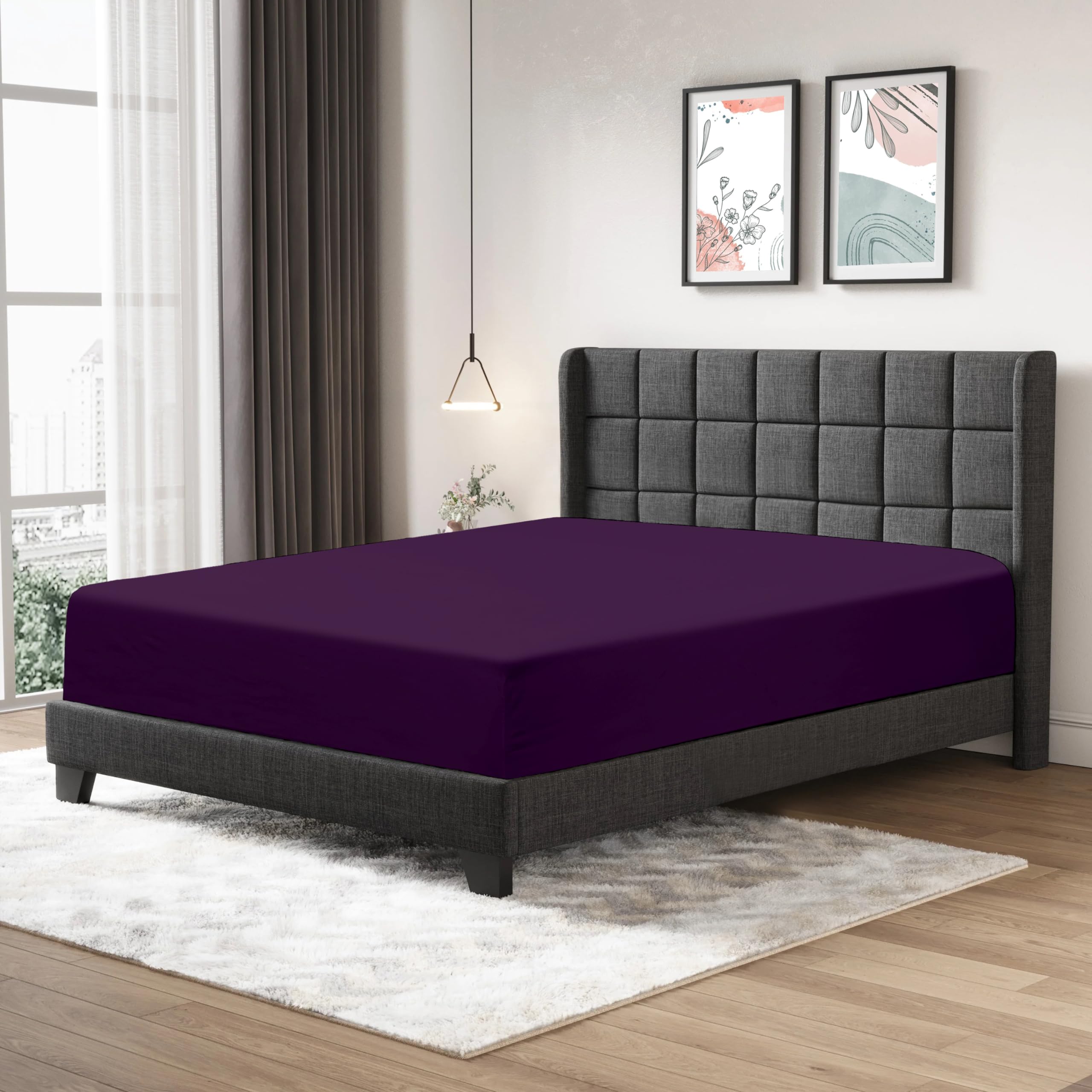 Fitted Sheet 25cm Deep Mattress Pocket 100% Egyptian Cotton 200 Thread Count Soft & Fade Resistant Bottom Fitted Bed Sheet (Plum, Super King)