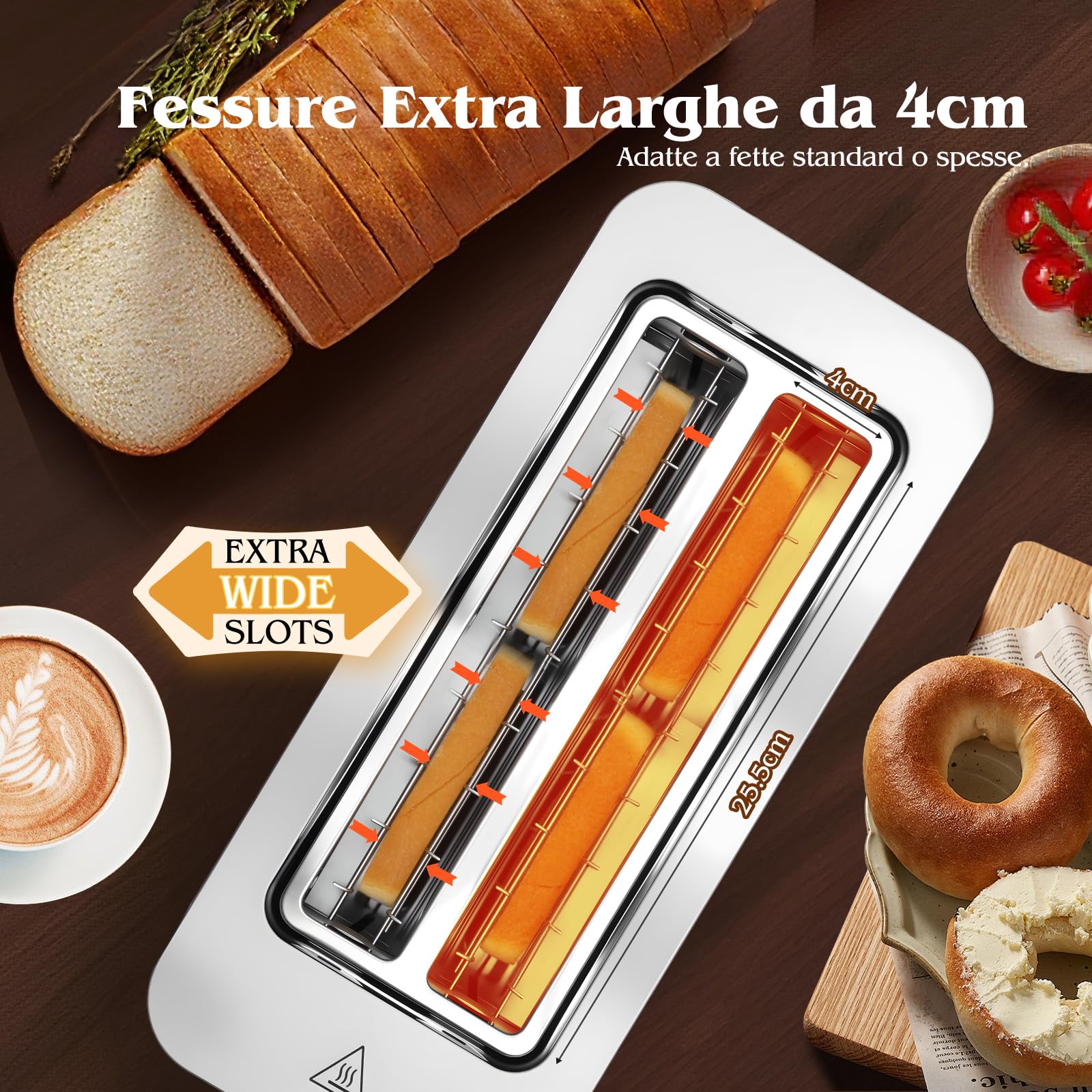 Aigostar Tostapane 4 Fette, LED Touchscreen, Fessure Extra Larghe da 4cm e Centratura Automatica, 6 Livelli di Tostatura, Funzioni Riscaldamento/Scongelamento/Stop, 1400W, Acciaio Inox Spazzolato