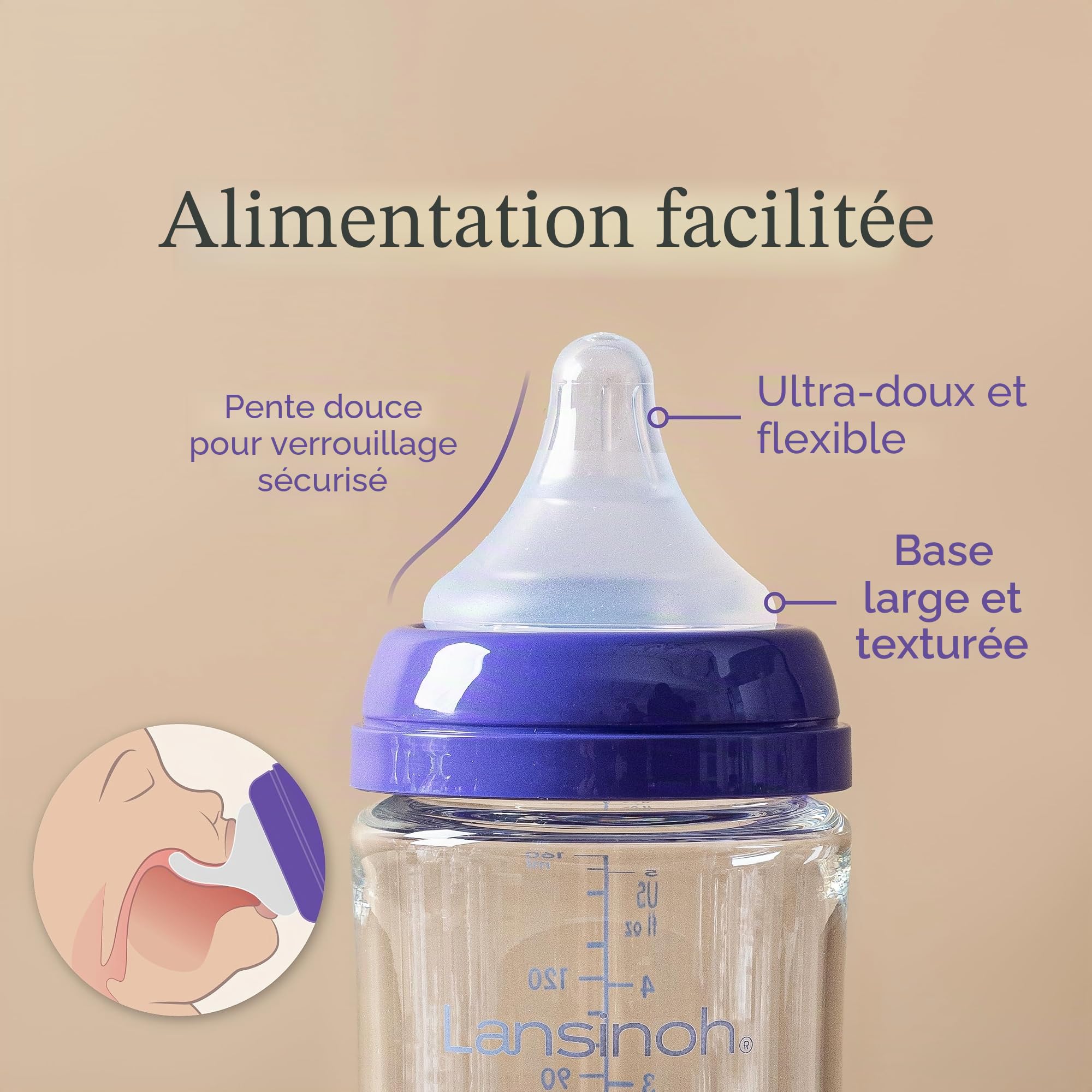 Lansinoh Lot de 4 biberons en verre anti-colique, 236,8 g, pour l'alimentation, essentiels pour bébé, comprend 4 tétines à débit moyen, taille M
