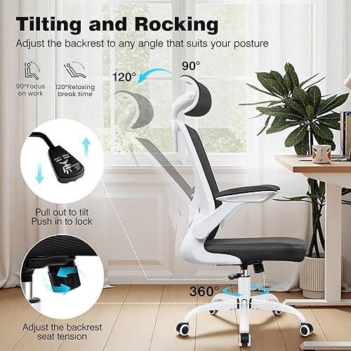 Miniatura 6 de Silla de oficina ergonómica, silla de escritorio para computadora cómoda con reposacabezas ajustable, soporte lumbar, reposabrazos abatibles, sillas