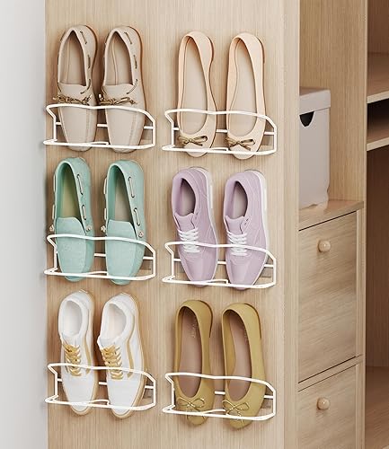 Miniatura 1 de Zapatero montado en la pared, paquete de 6 unidades, con tiras adhesivas para colgar, almacenamiento de zapatos de pared de metal, organizador de