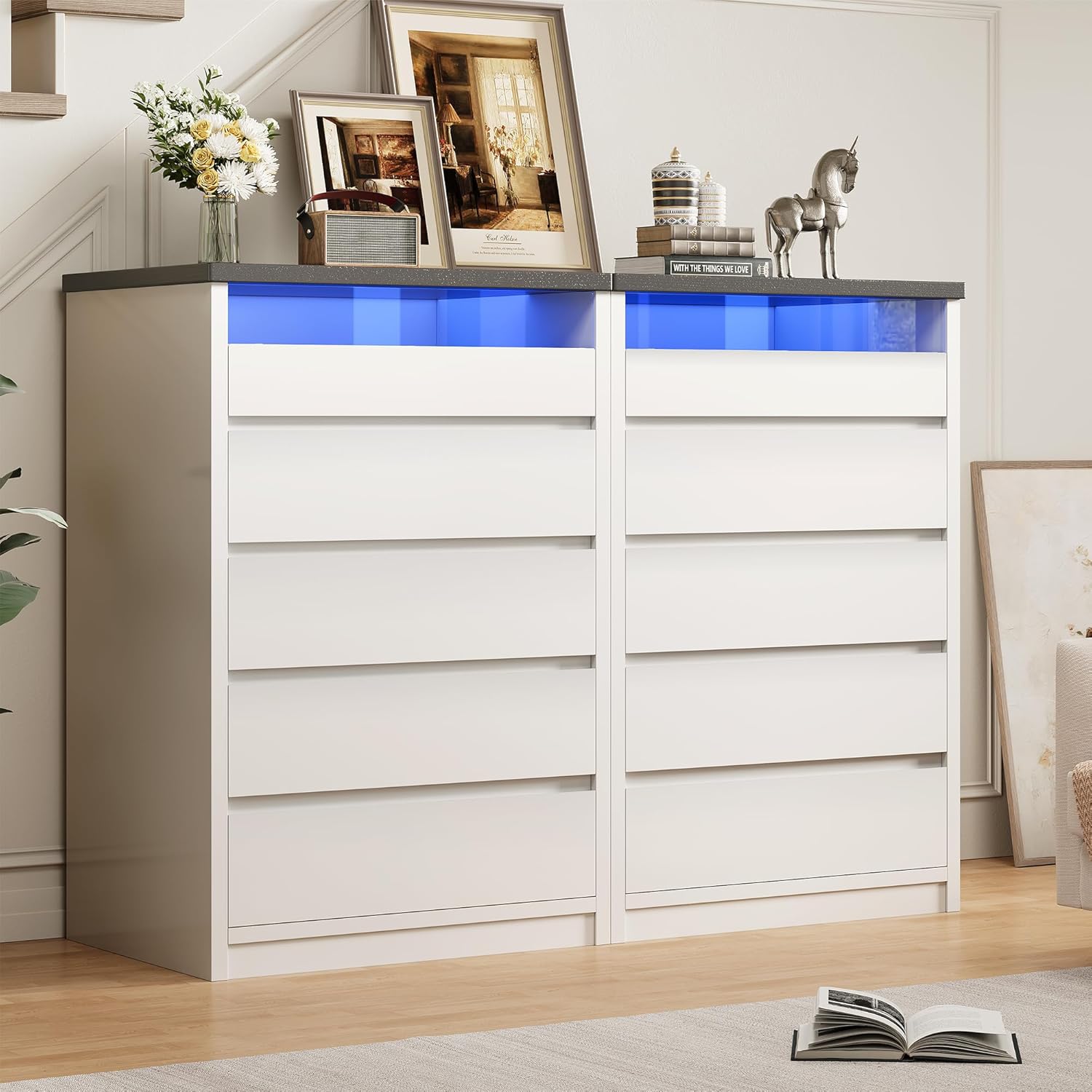 Larger White 5 Drawer Dresser for Bedroom with LED Light, Modern Chest of Drawers with Hidden Handles, Tall Wooden Dresser Closet for Living Room, Entryway, Hallway - White