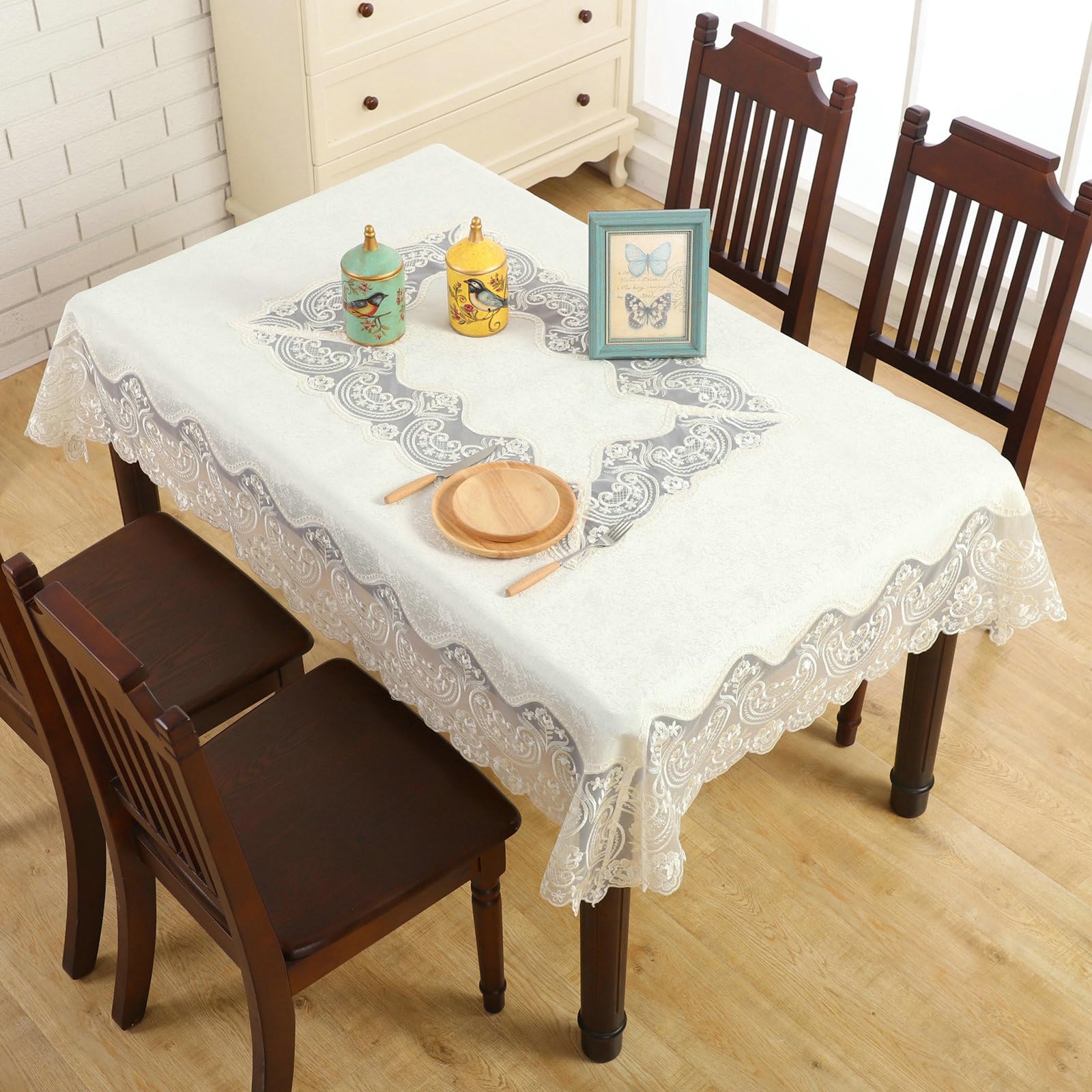 Nappe de Table Rectangulaire Anti Taches 130x180 cm Beige Blanc