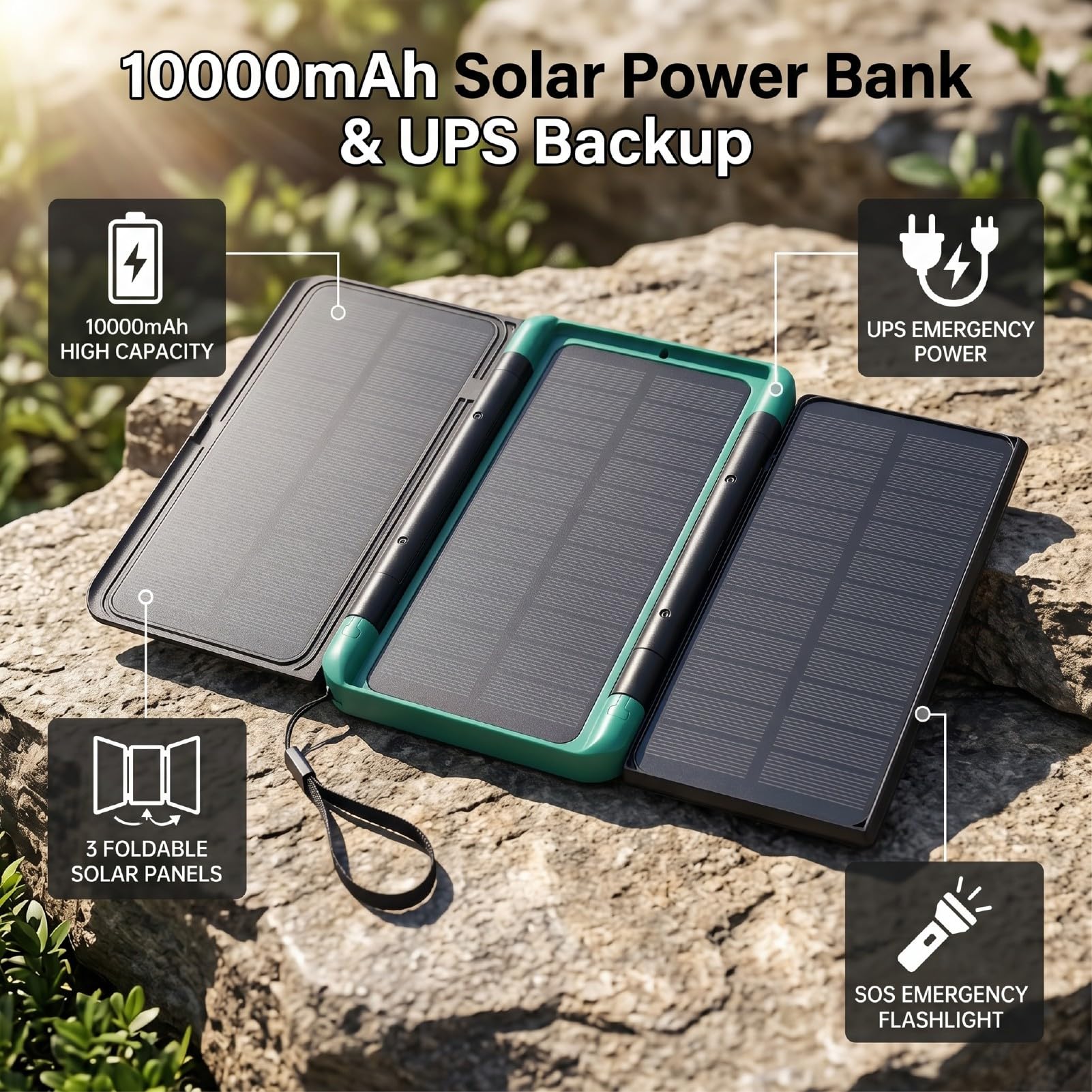 Garosa Solar Power Bank 10000mAh Ups 3 Pannelli Pieghevoli Usb C | PC Ignifugo, Uscita Ingresso USB C, compatibilità Telecamera Router, Backup in Caso di Interruzione, LED SOS, Caricatore